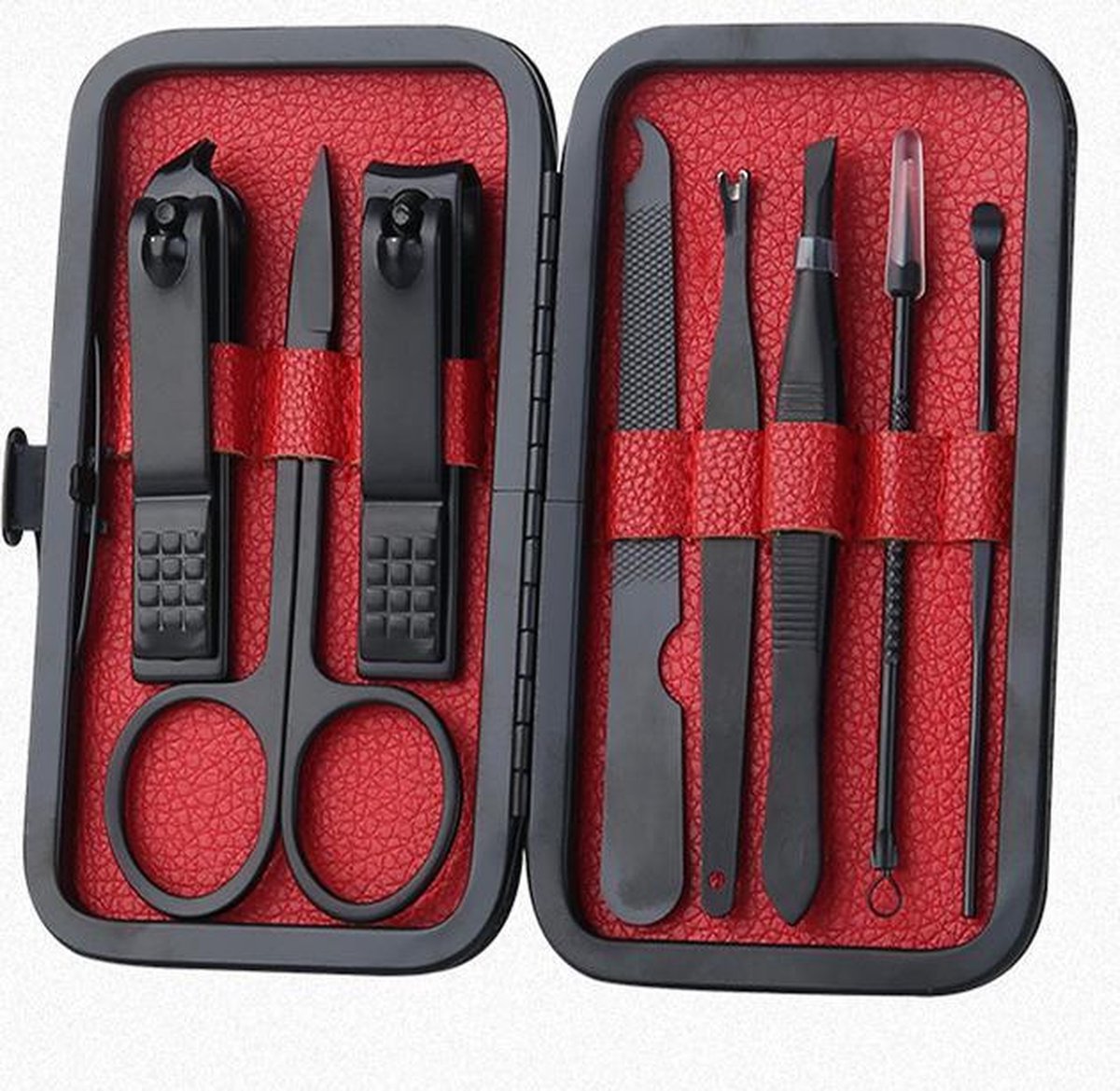 Pedicureset/Manicureset - 8-delige Nagelverzorging set - Reisset - RVS - Hardcase - Zwart/Rood