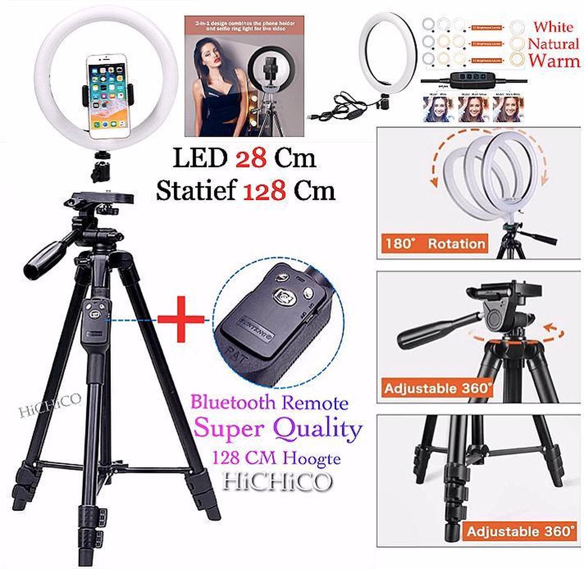 Tripod Camera Statief Zwart Inclusief Selie LED Ring Lamp 28Cm + Bluetooth Remote Shutter – HiCHiCO