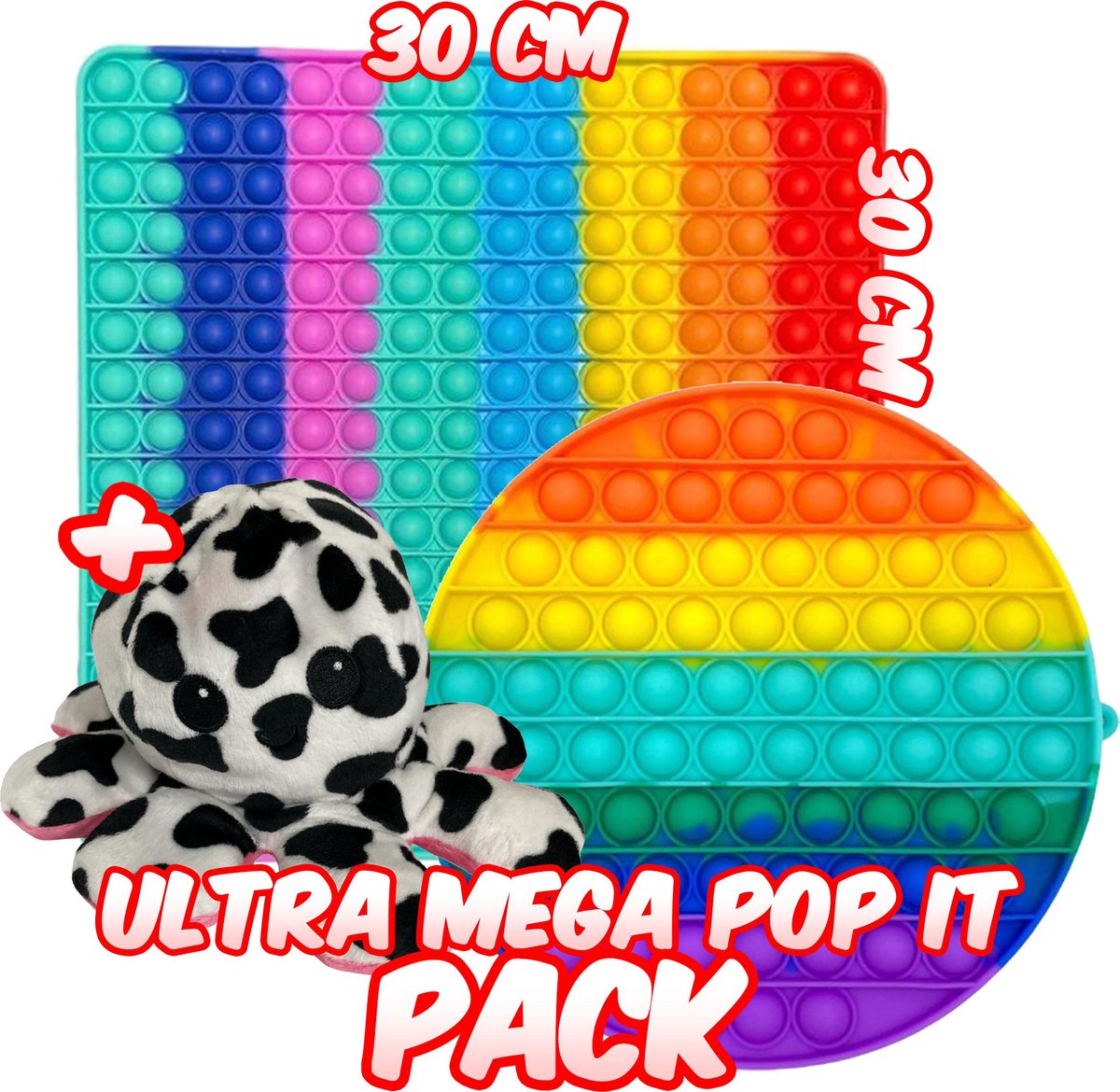 Ultrasativa® - 3 Pack - Pop It XXL - Pop It - 30X30 - 20X20 - Mega Pop It - 2 Pop It Mega Groot - Vierkant - Mood Octopus - Mood Octopus Knuffel - Koe - Regenboog - Regenboog Pop It - Fidget - Fidget Toys - Tiktok Trend -
