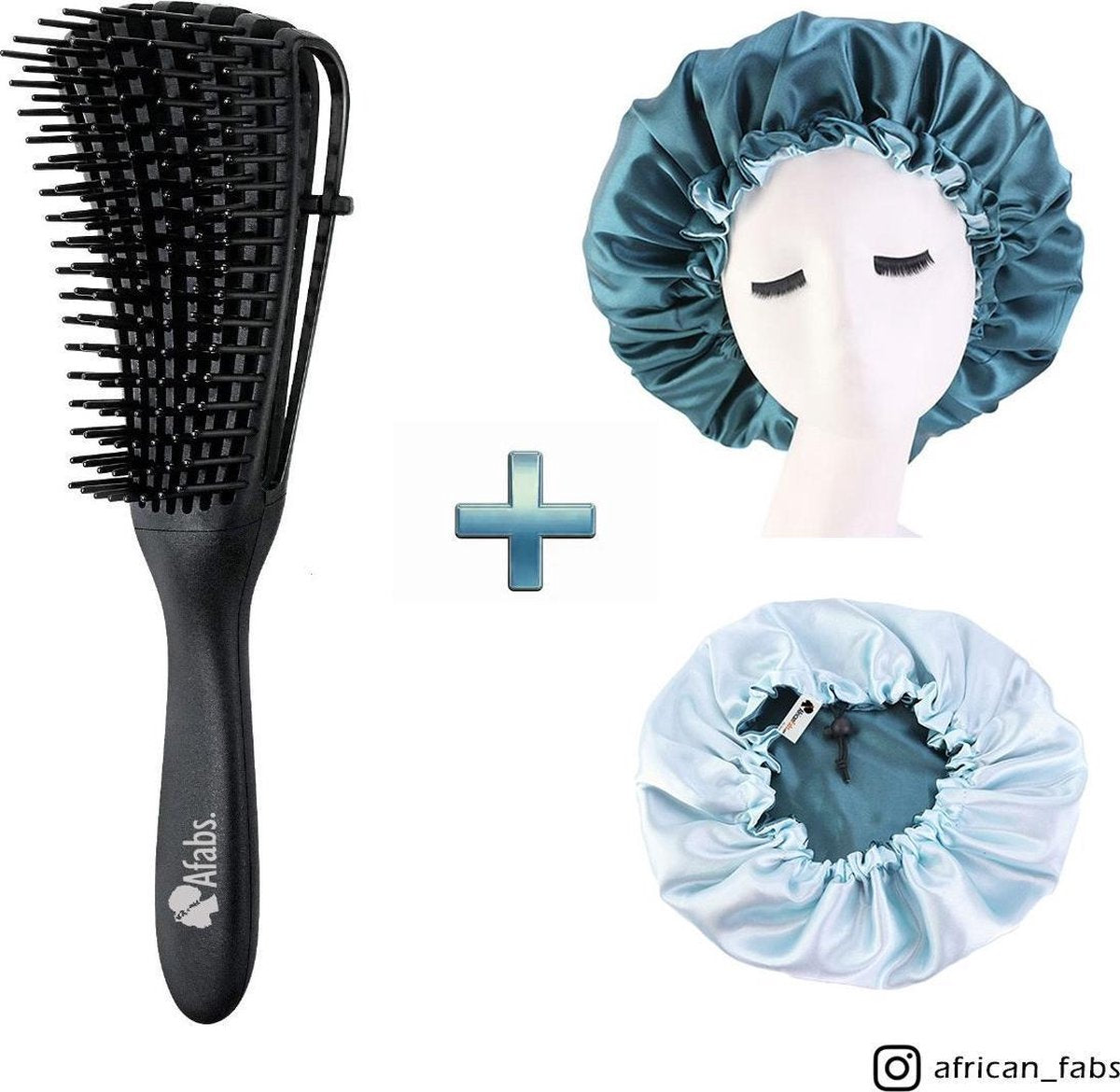 Afabs® Zwarte Anti-klit Haarborstel +  Groene satijnen slaapmuts | Detangler brush | Detangling brush | Satin cap / Hair bonnet / Satijnen nachtmuts / Satin bonnet | Kam voor Krullen | Kroes haar borstel