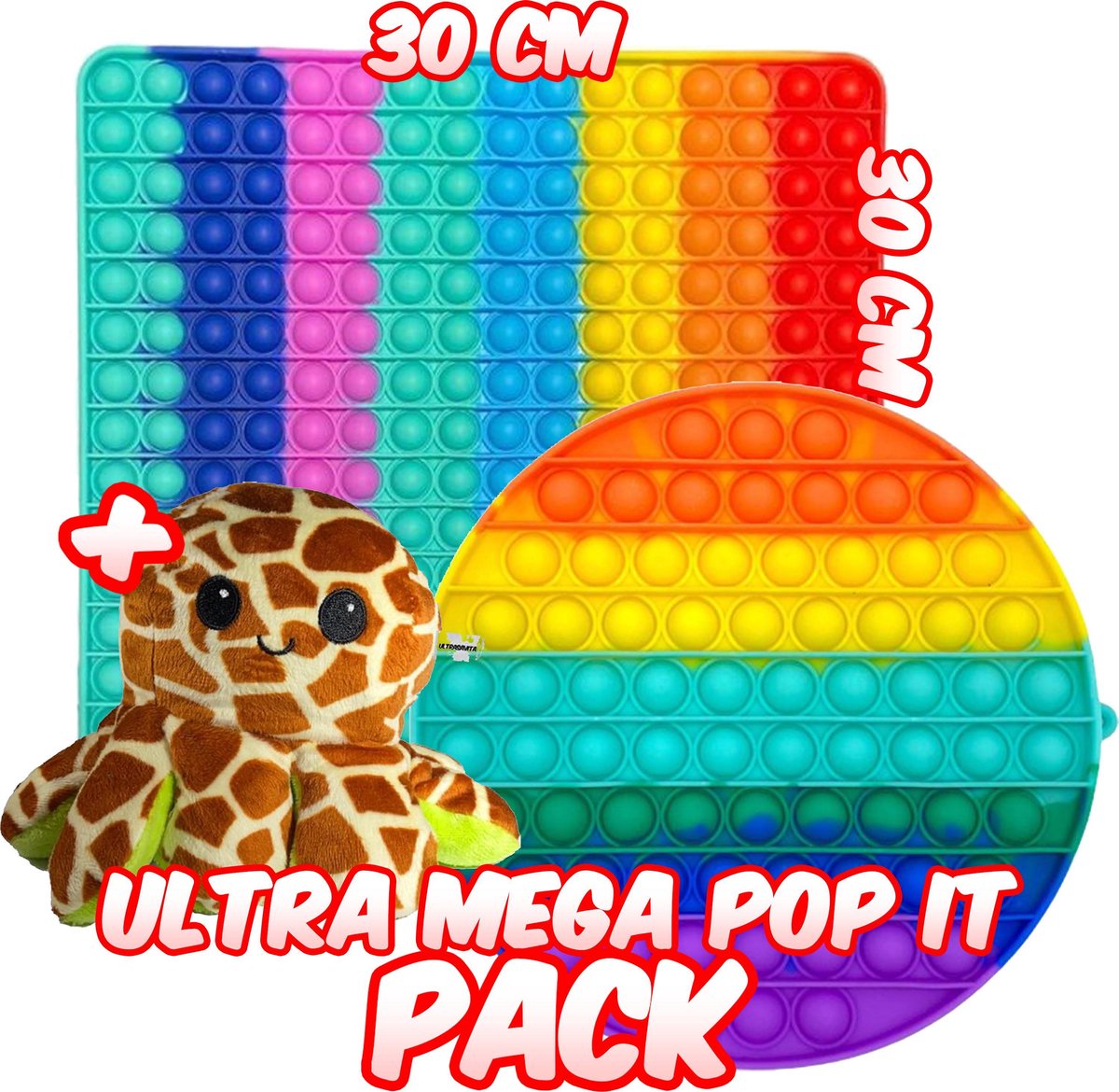 Ultrasativa® - 3 Pack - Pop It XXL - Pop It - 30X30 - 20X20 - Mega Pop It - 2 Pop It Mega Groot - Vierkant - Mood Octopus - Mood Octopus Knuffel - Giraffe - Regenboog - Regenboog Pop It - Fidget - Fidget Toys - Tiktok Trend -
