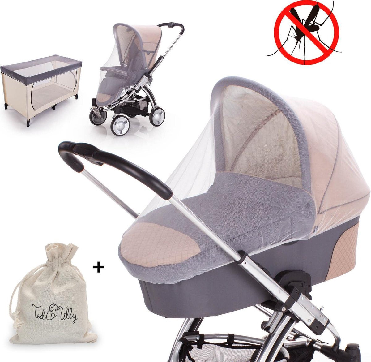 Ted&Tilly Klamboe Voor Kinderwagen/Buggy/Campingbed - Met Handig Opbergtasje  - Wit