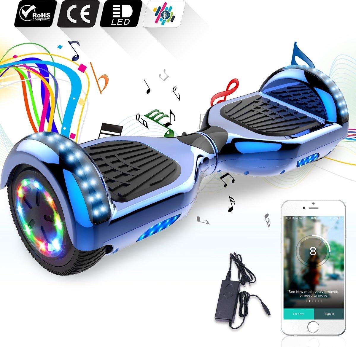 Evercross Hoverboard 6.5”| Flits Wielen | Bluetooth en LED verlichting | Blauw Chroom
