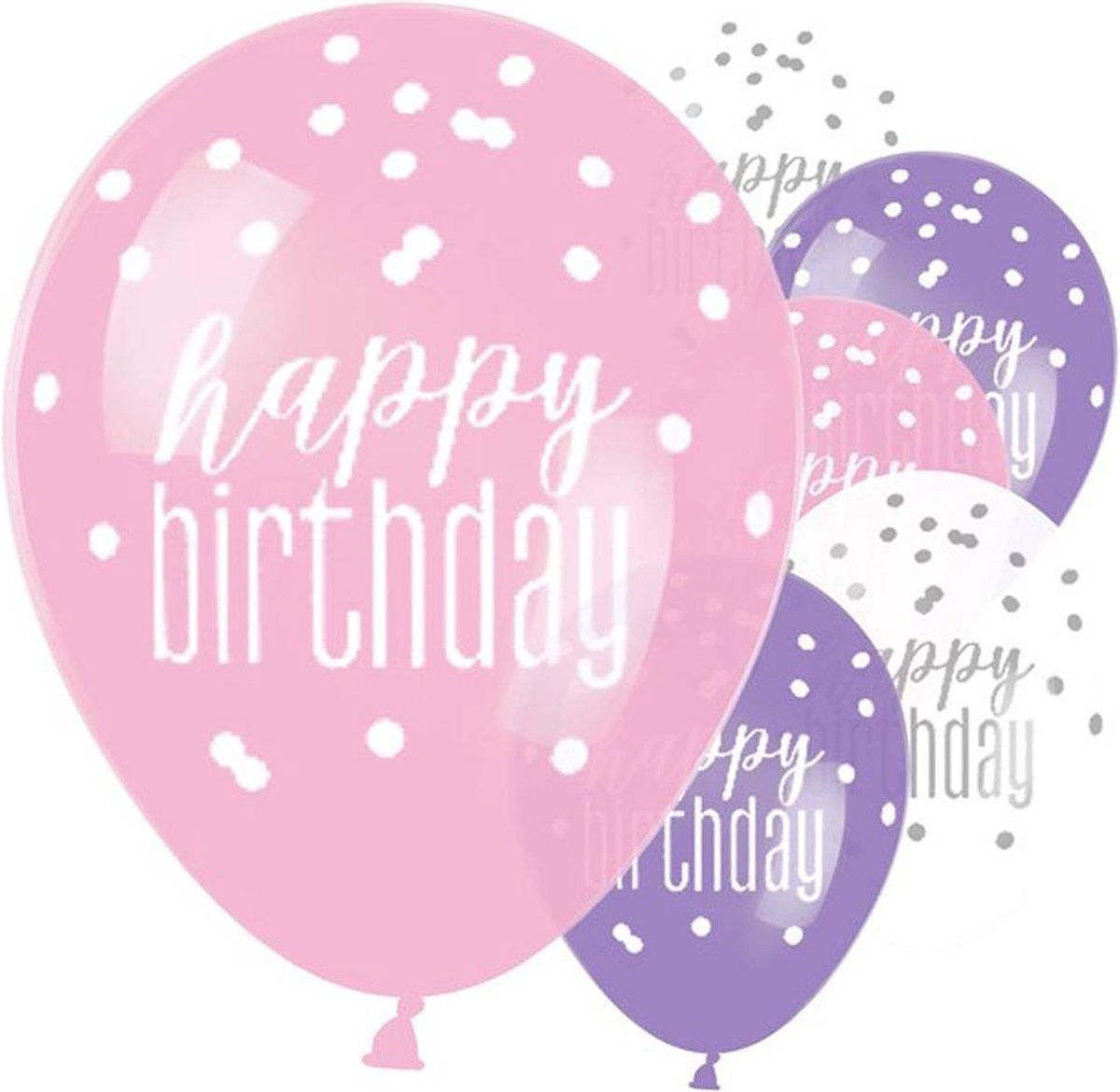 Ballonnen Happy Birthday Paars Roze Wit - 6 stuks