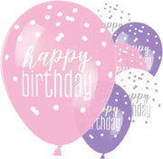 Ballonnen Happy Birthday Paars Roze Wit - 6 stuks