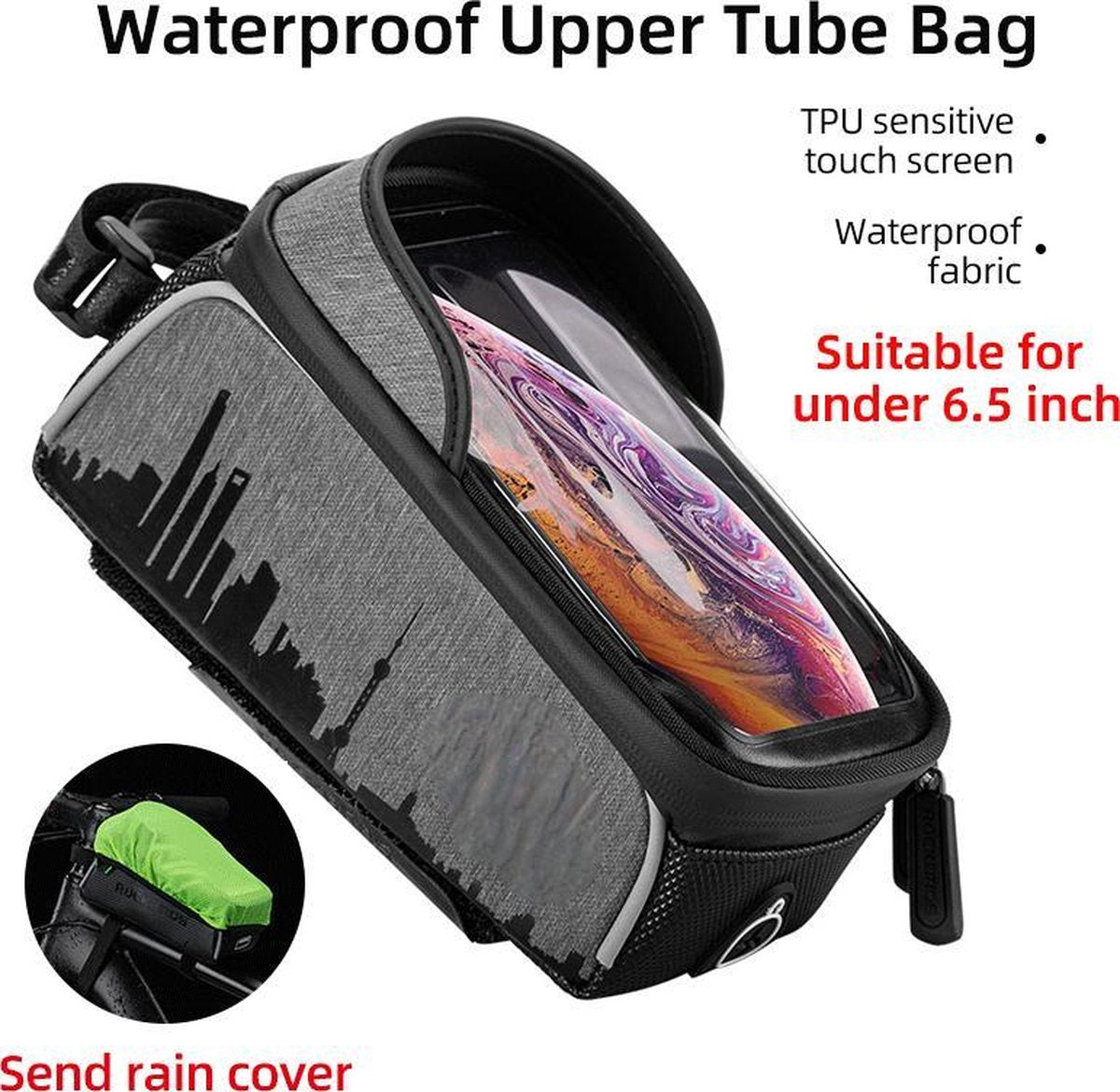 Baymate Fietstas Waterdicht Touchscreen Fietstas Top Voorbuis Frame MTB Racefietstas 6.5 Telefoonhoes Fietsaccessoires 017-5 6.5 inch