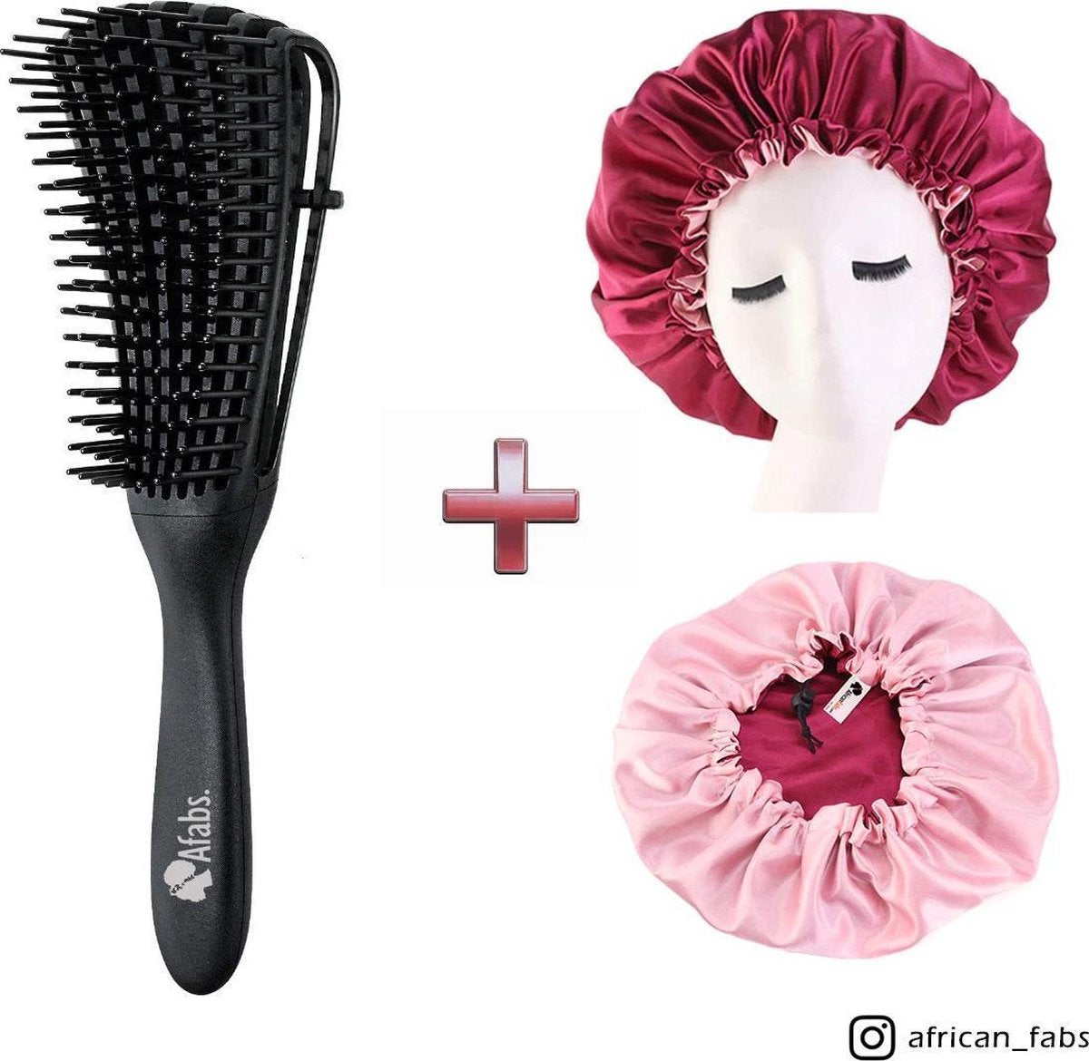 Afabs® Zwarte Anti-klit Haarborstel + Rode satijnen slaapmuts | Detangler brush | Detangling brush | Satin cap / Hair bonnet / Satijnen nachtmuts / Satin bonnet | Kam voor Krullen | Kroes haar borstel