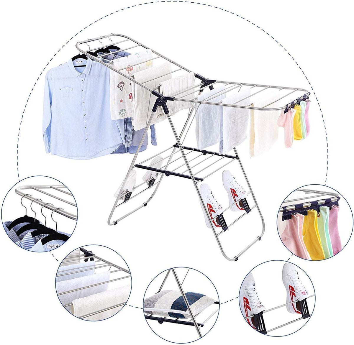 Opvouwbaar en Multifunctioneel Droogrek - Verstelbaar en Ruim - 147x56x128cm