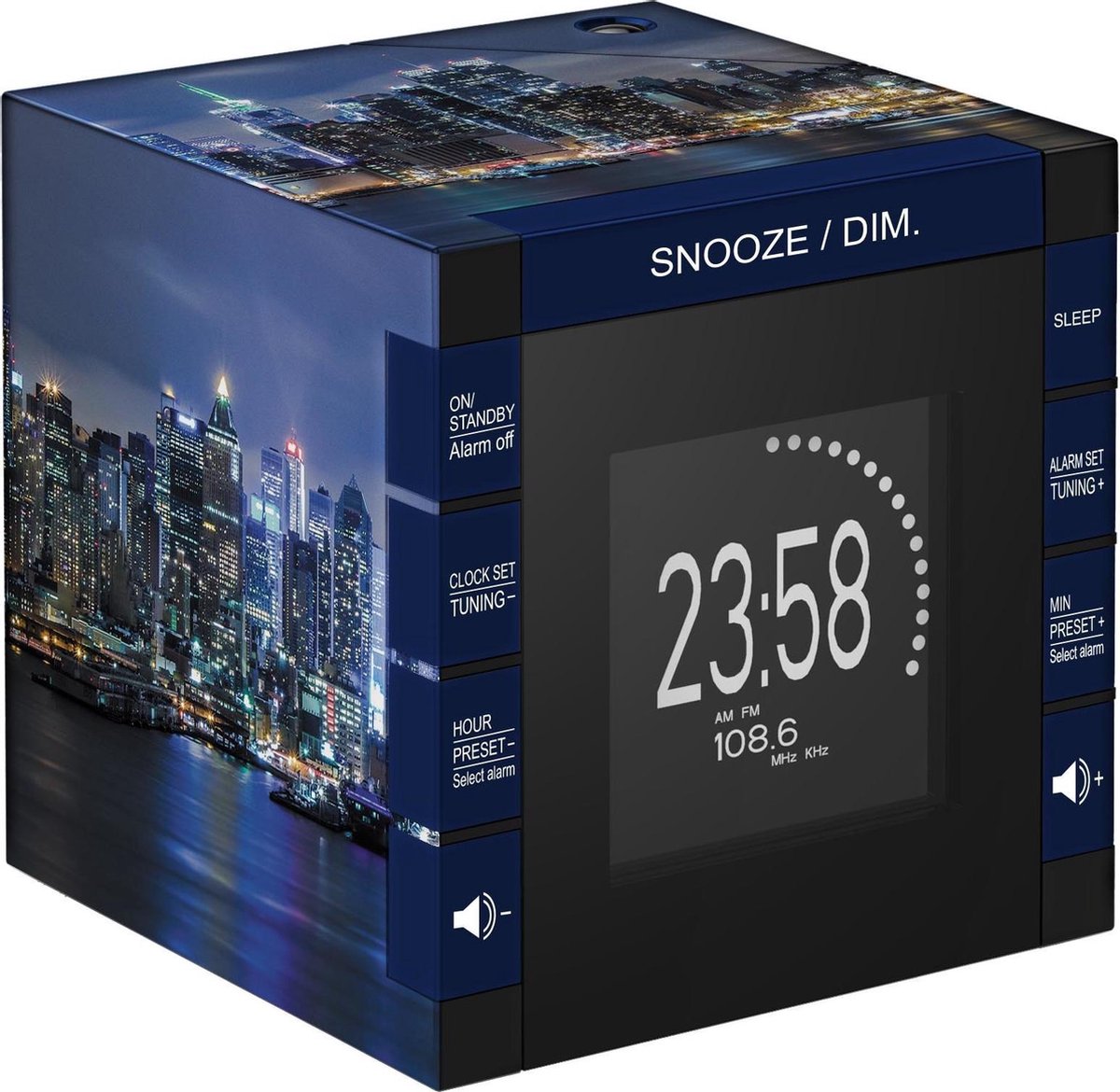 Bigben Kubus Wekkerradio met Projectie - New York Skyline - Zwart/Blauw