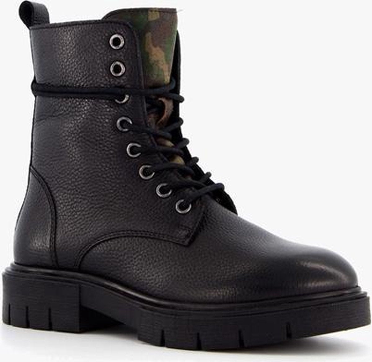 Groot leren meisjes veterboots camouflage print - Zwart - Maat 32