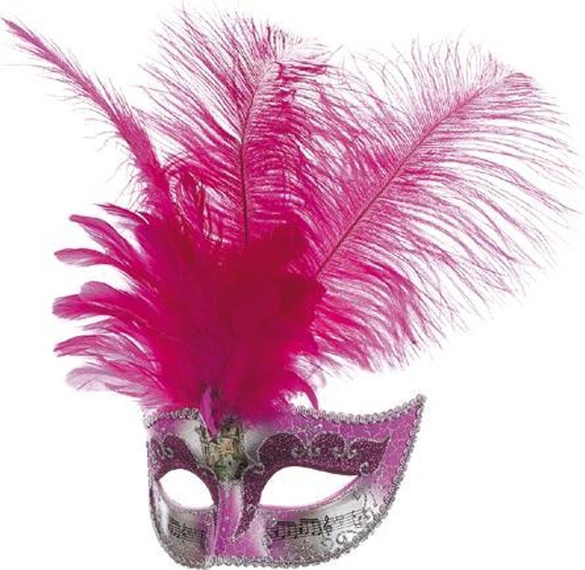 Venetiaanse masker grote veren muzieknoot neon pink