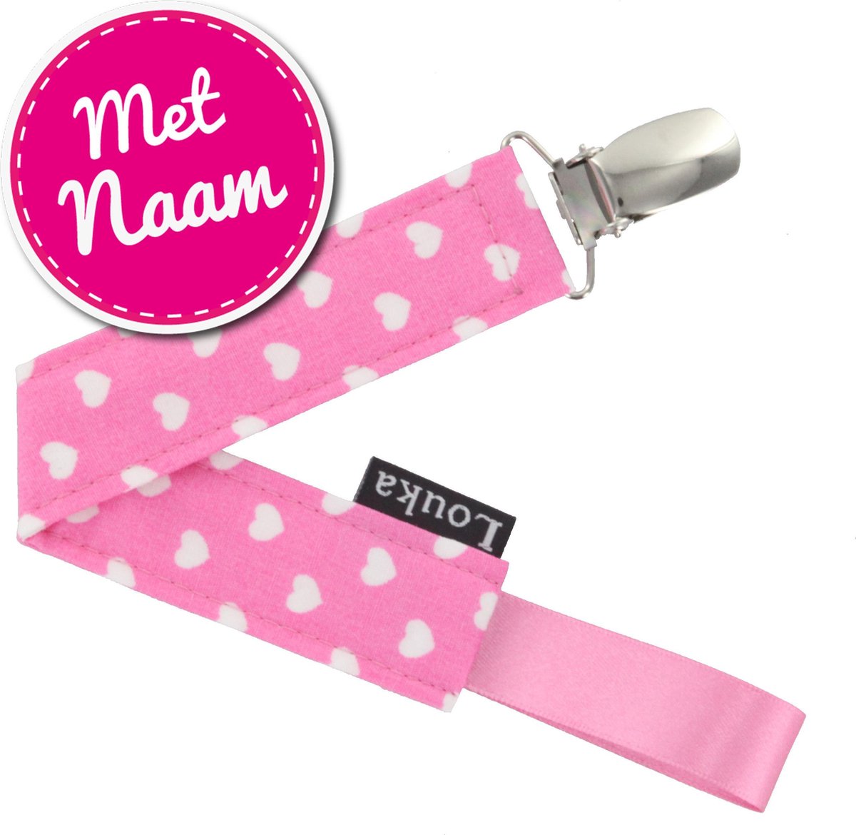 Louka speenkoord met naam hartjes roze