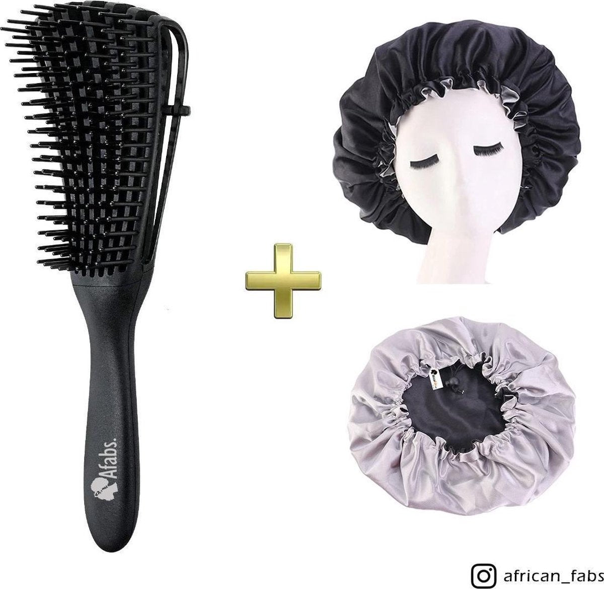 Afabs® Zwarte Anti-klit Haarborstel +  Zwarte satijnen slaapmuts | Detangler brush | Detangling brush | Satin cap / Hair bonnet / Satijnen nachtmuts / Satin bonnet | Kam voor Krullen | Kroes haar borstel