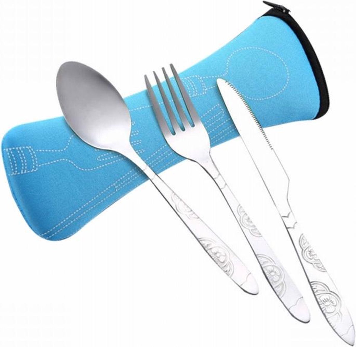 Bestek setje in licht blauwe etui - 3-delige bestekset in hoes - Lepel/Vork/Mes