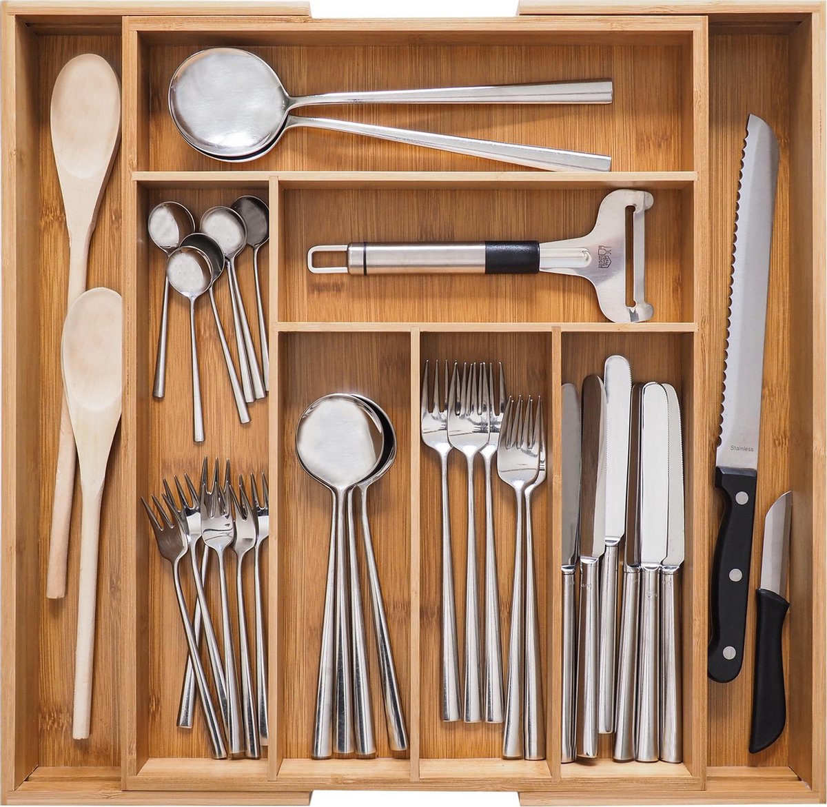 Gadgy Bestekbak Bamboe 8 vaks – Verstelbare Besteklade van 32 - 44 cm - Lade organizer met 6-8 vakken – Bestekcassette - Opbergbak