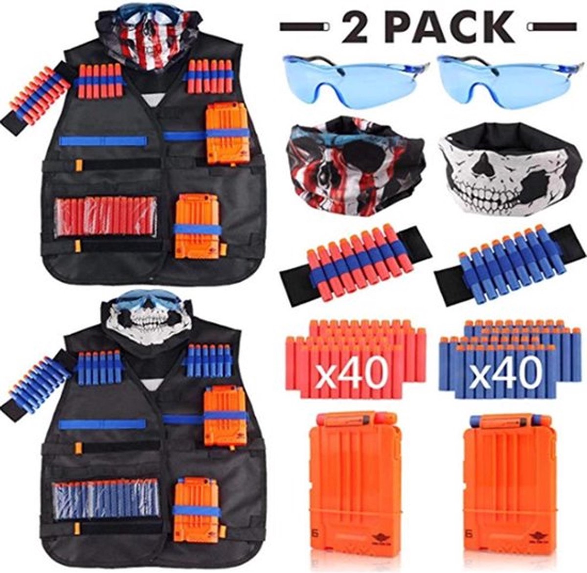 Tactical rival Vest  - 2 elite vesten - 80 pijltjes - magazijnen - ultra veiligheidsbrillen - armbanden - bandana's - geschikt voor nerf guns sniper gun