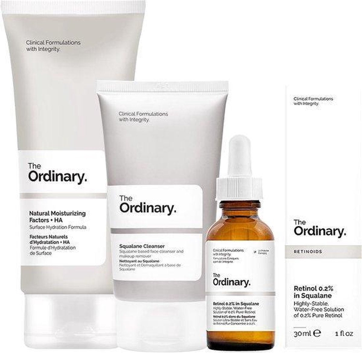 The Ordinary trio set – beauty set voor minimaliseren en tekenen van veroudering te verminderen - anti-aging - Squalane Cleanser - Natural Moisturising Factors + HA - Retinol 0.2 in squalene -