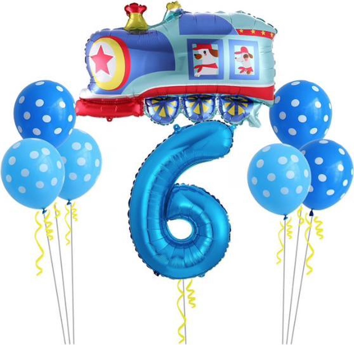 Geweldig 8 delig ballonpakket met grote Locomotief en groot cijfer 6 (80 cm hoog)