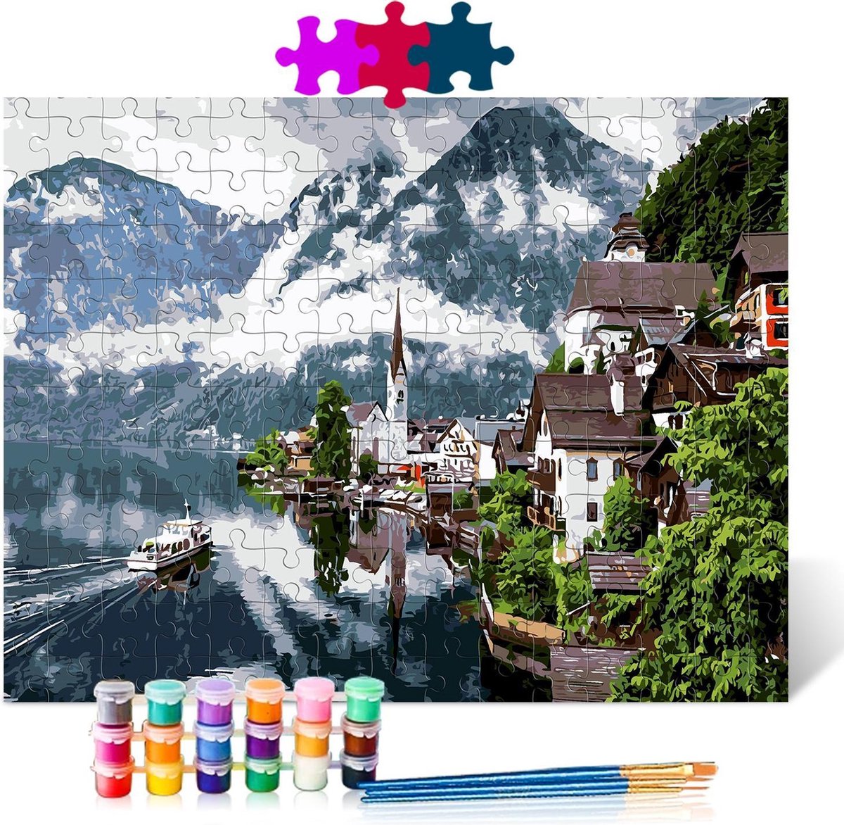 Winters landschap - Puzzel Schilderen op nummer - Houten puzzel - 500 stukjes - 38x52 cm