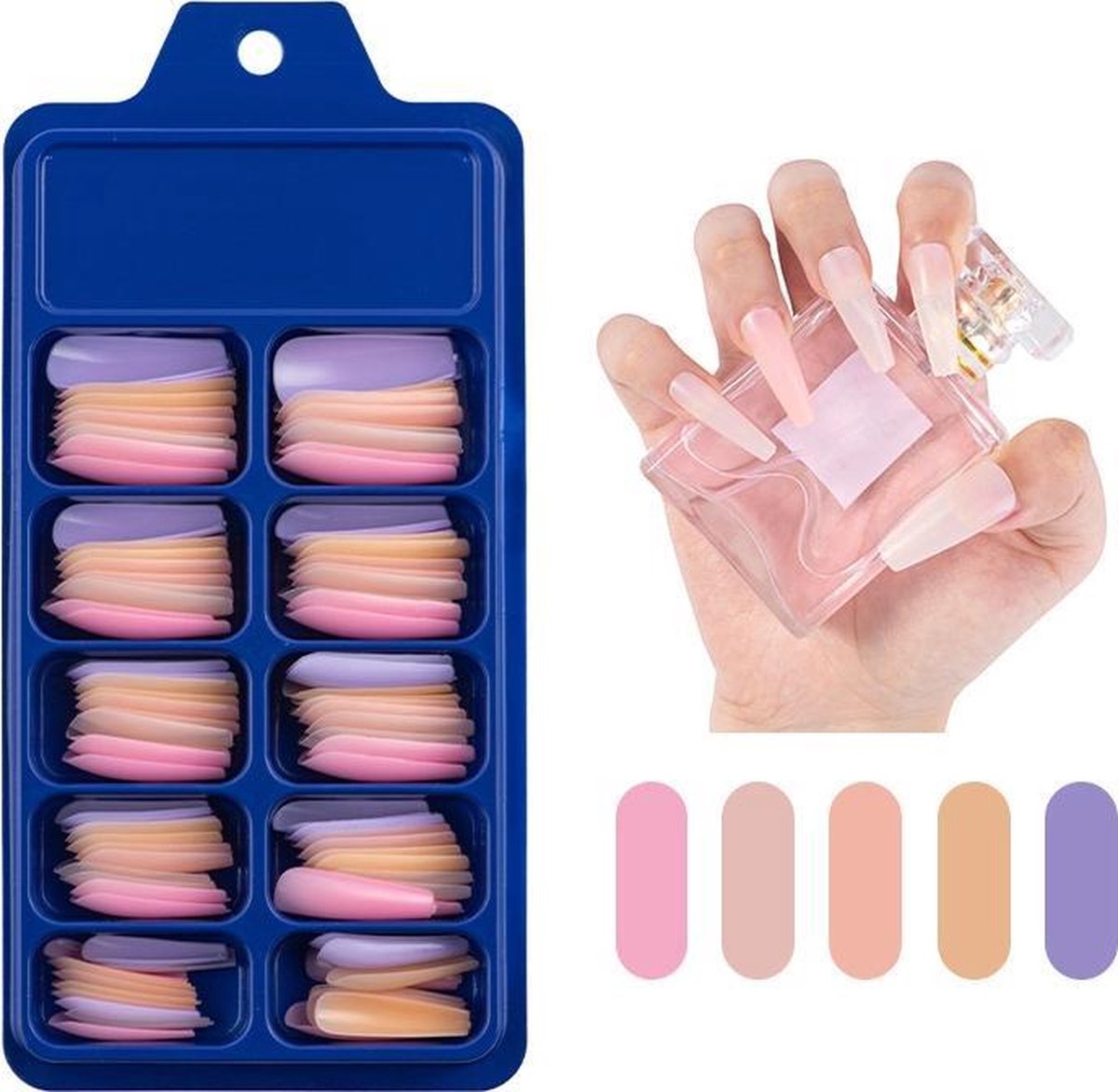 Nepnagels - set van 100 - paars roze naturel kleuren - verschillende maten - plaknagels Sparkolia