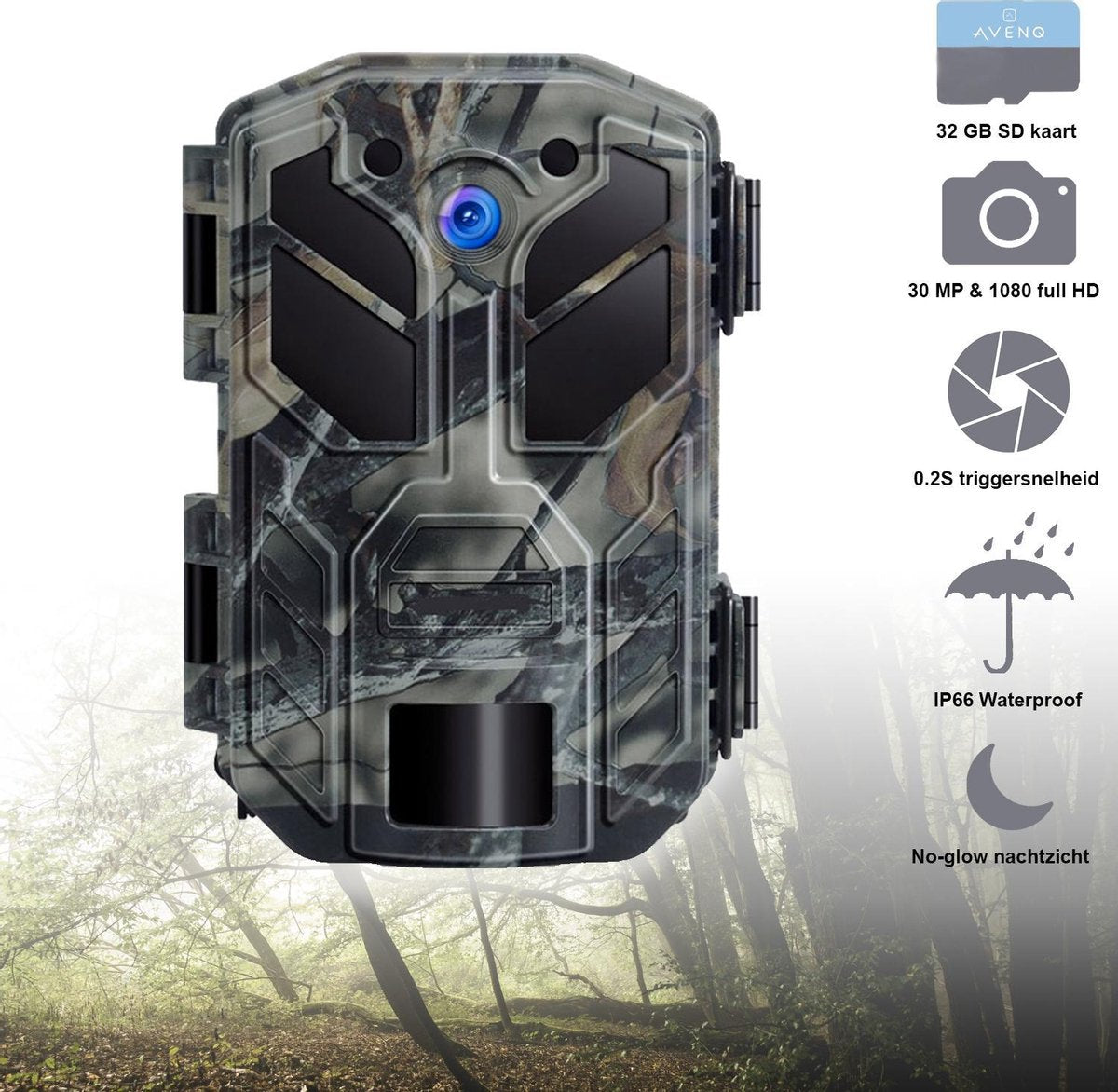 Wildcamera met dag- en nachtzicht - Camera beveiliging buiten - 30 MP - Waterdicht - Met PIR sensor - No glow - Nacht camera - SD kaart 32GB - Wildlife camera voor buiten