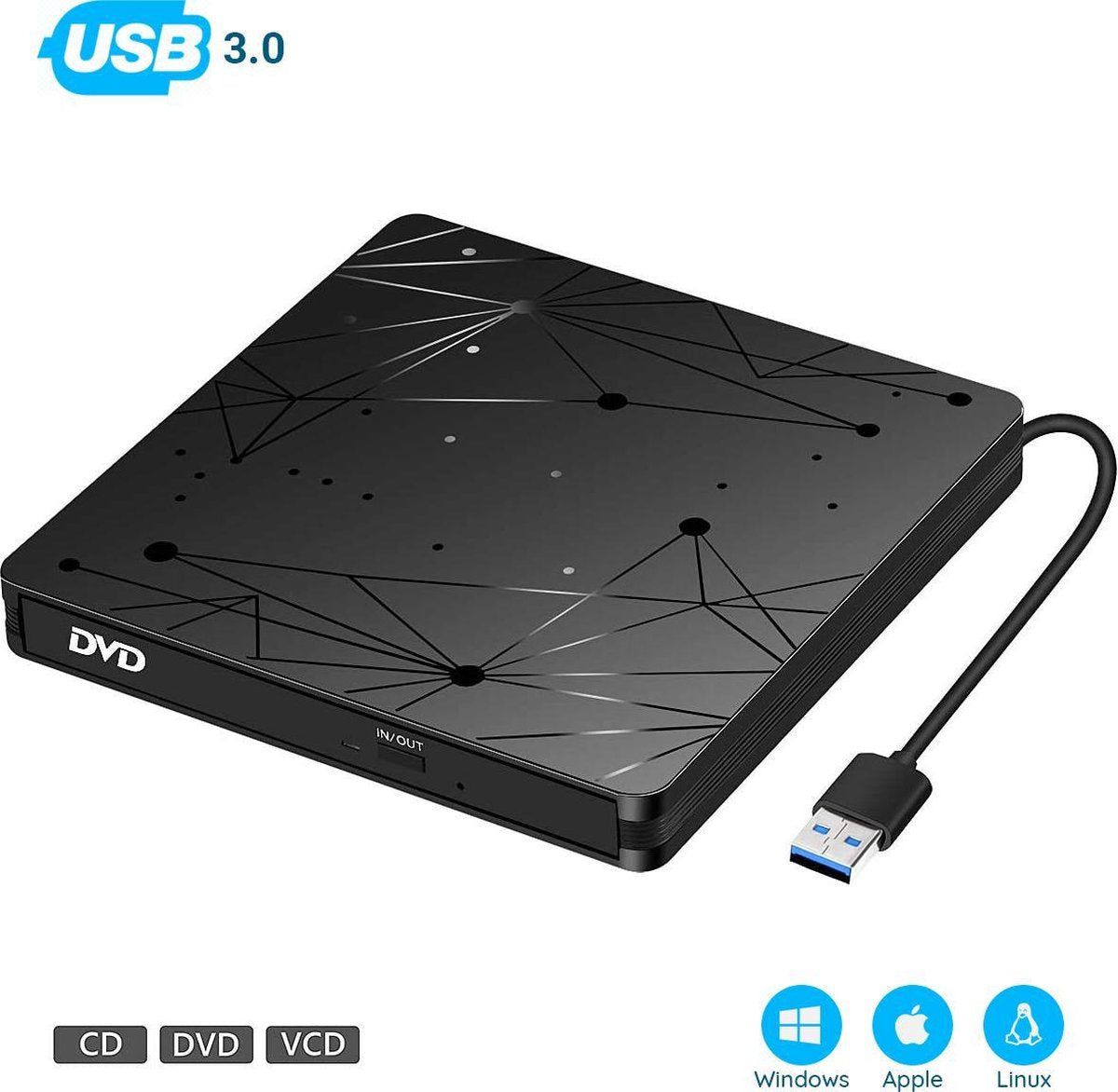 M-Iconic Externe DVD speler - Optische drive - USB 3.0 - Externe CD DVD speler en brander - DVD speler - Externe DVD speler voor laptop - CD speler - Plug & Play - Voor Laptop en Computer - Windows / Mac / Linux - Zwart