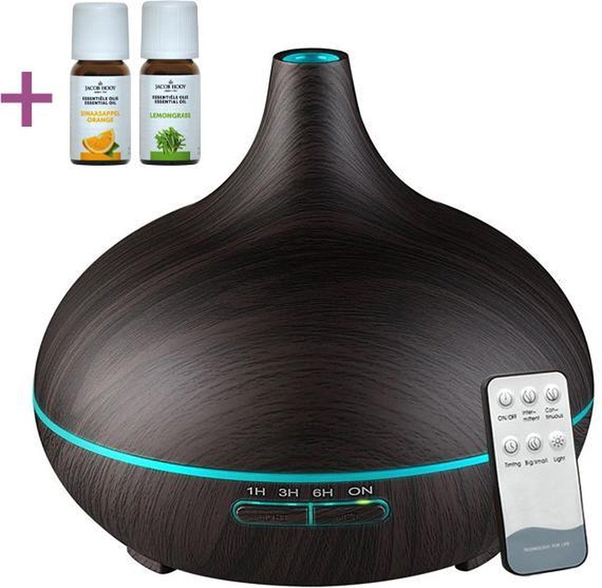 Aroma Diffuser 550ml met afstandsbediening en 2 x Jacob Hooy olie - Vernevelaar - Luchtbevochtiger - Donkerbruin