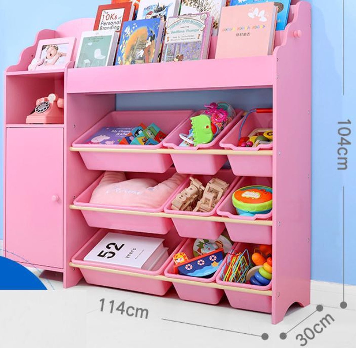 Onshine 3-laags Kast met 9 Opslagbakken & Boekenplank & extra Boekenkast - Klassieke Roze - Opbergkast - Speelgoedrek - Opbergrek kinderen - Speelgoedboxen - Opbergmeubel - Kast voor kinderkamer - Kinderkast - Organizer - Speelgoedkast