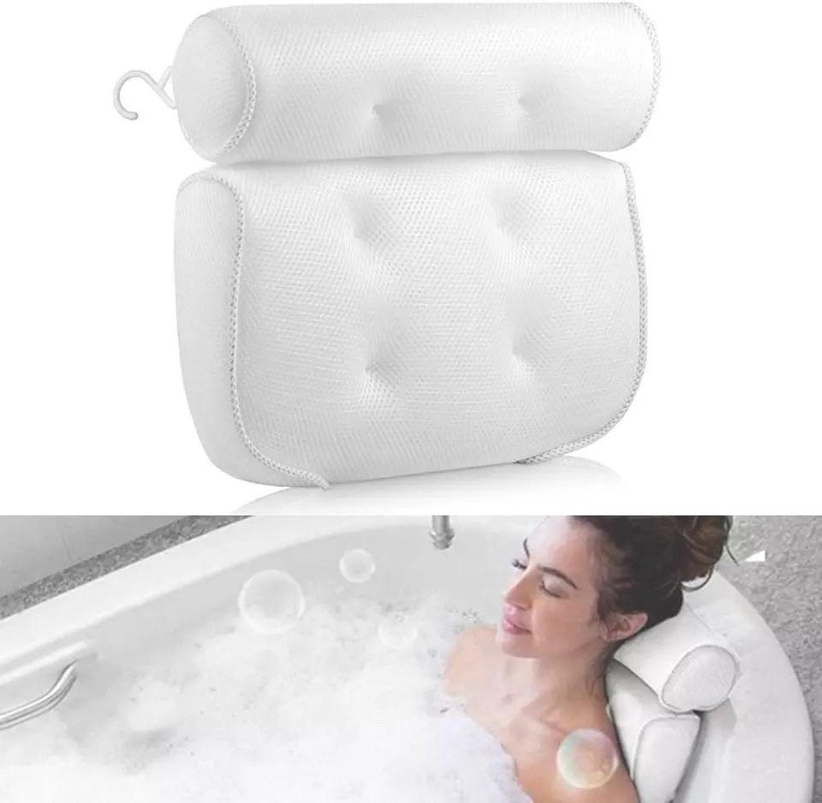 Buxibo Luxe Badkussen met Anti Slip Zuignappen - Home Spa Kussen voor Rug/Schouder/Nek - Orthopedisch Hoofd Steun voor In Bad en Jacuzzi - Waterdicht - Wit