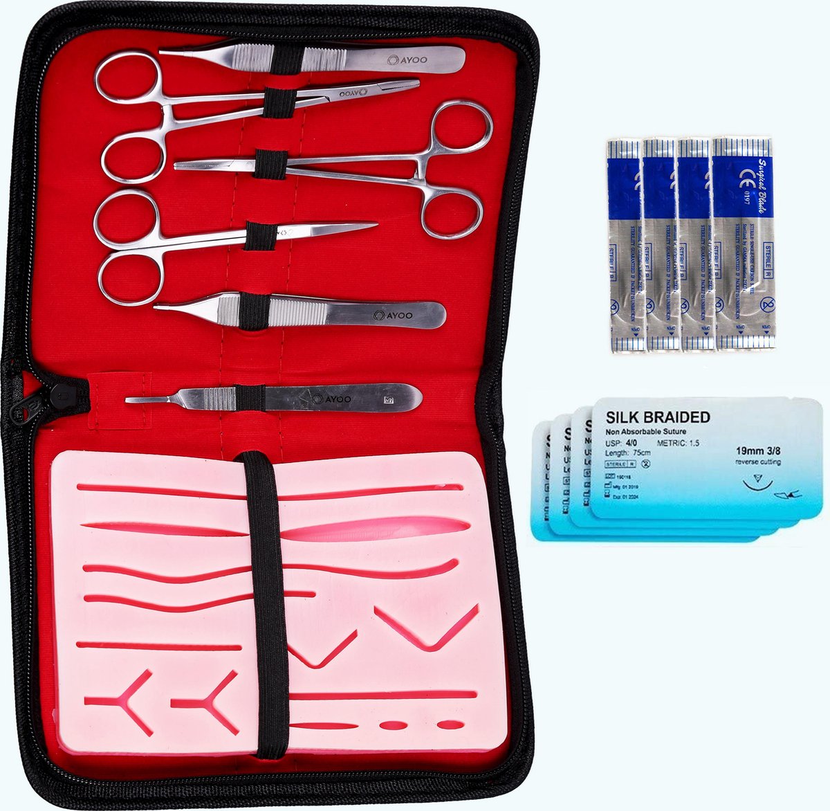 Ayoo 16 delige Hechtset XL - Hechten - Dissectie Set  - Naaldvoerder - Pincet - Scalpelhouder - Hechtmateriaal - Imitatiehuid - Dissecties
