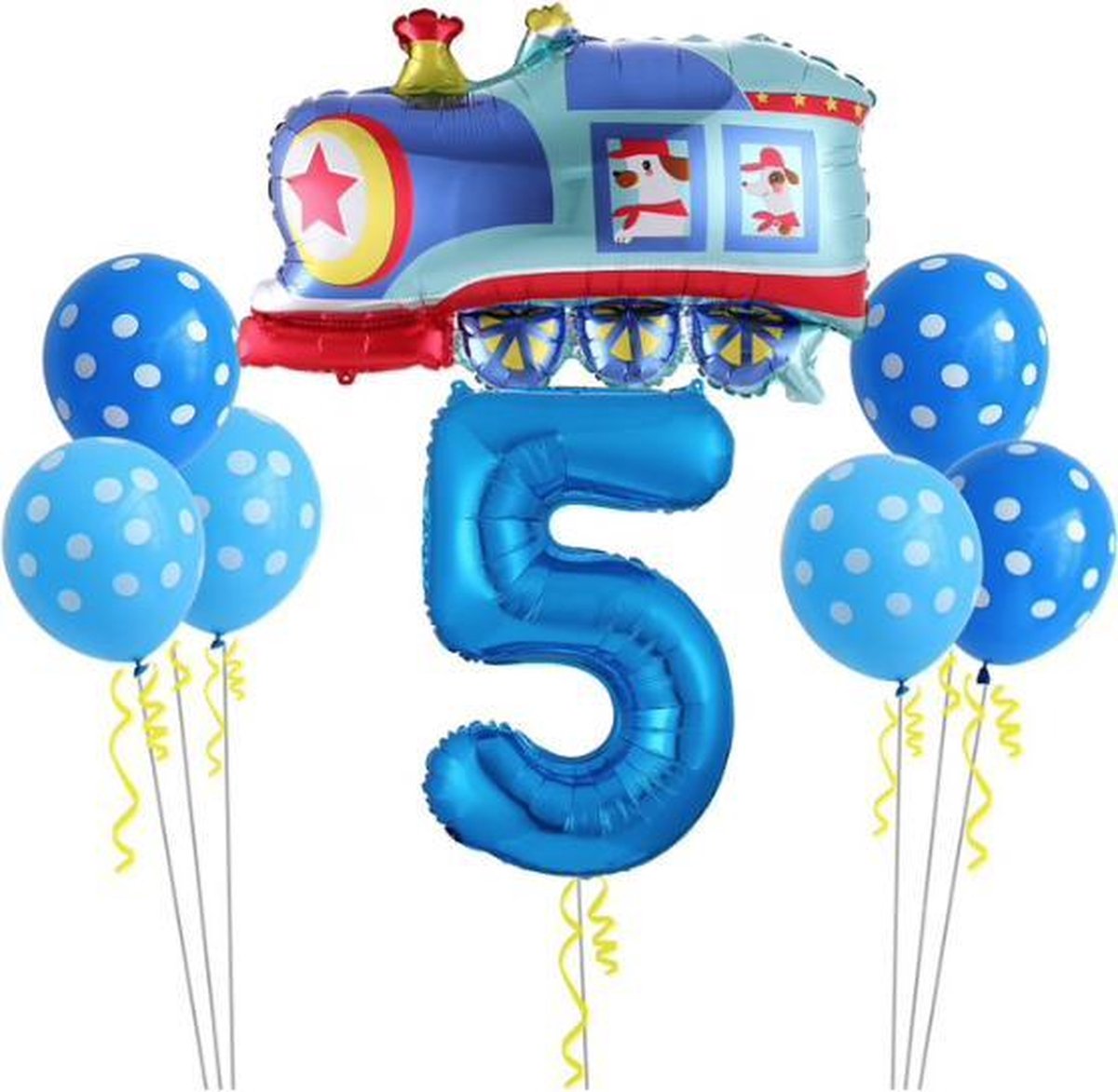 Geweldig 8 delig ballonpakket met grote Locomotief en groot cijfer 5 (80 cm hoog)