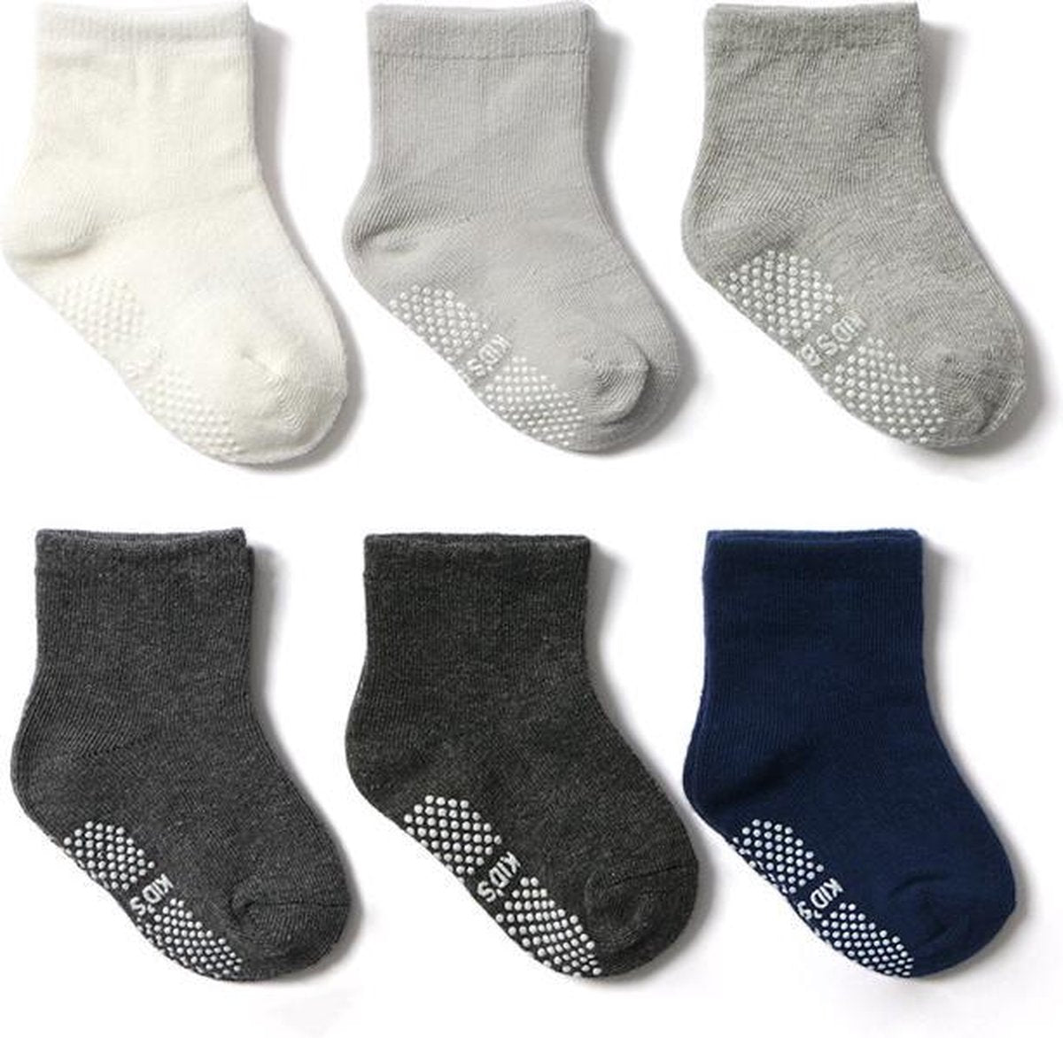 6 paar - Stevige Antislip sokken effen blauw grijs (3-12 mnd) - jongens meisjes baby anti slip sokjes