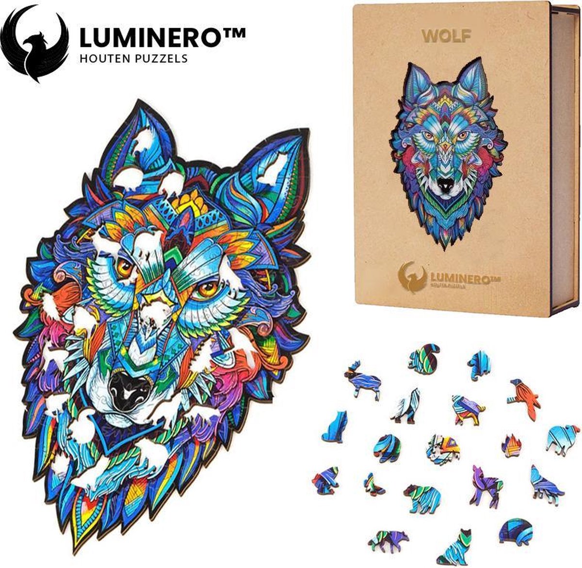 Luminero™ Houten Wolf Jigsaw Puzzel - A3 Formaat Jigsaw - Unieke 3D Puzzels - Huisdecoratie - Wooden Puzzle - Volwassenen & Kinderen - Incl. Houten Doos