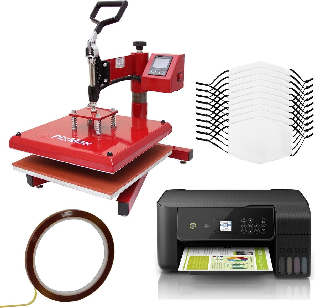 Bundel: 10 x sublimatie mondkapjes medium - 38 x 38 cm swing hittepers transferpers - eco tank printer - sublimatie bedrukken eigen ontwerp - pm2.5 filter vijf lagen - wasbaar hergebruiken hand wassen