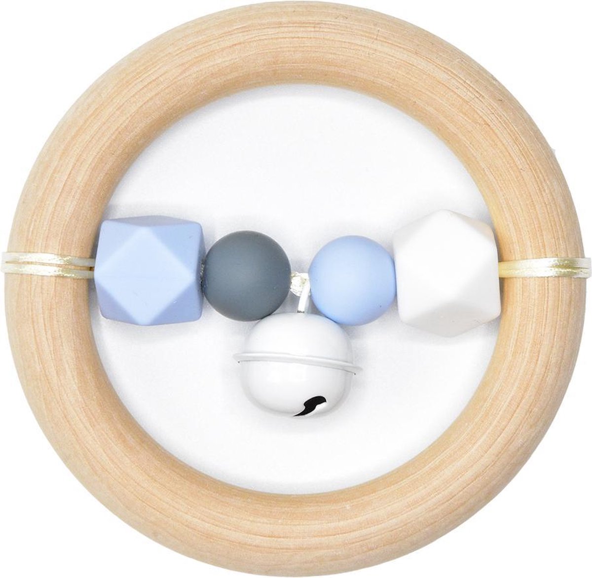 Beukenhouten baby rammelaar met blauwe bijtkralen - bijtspeelgoed van 10cm.