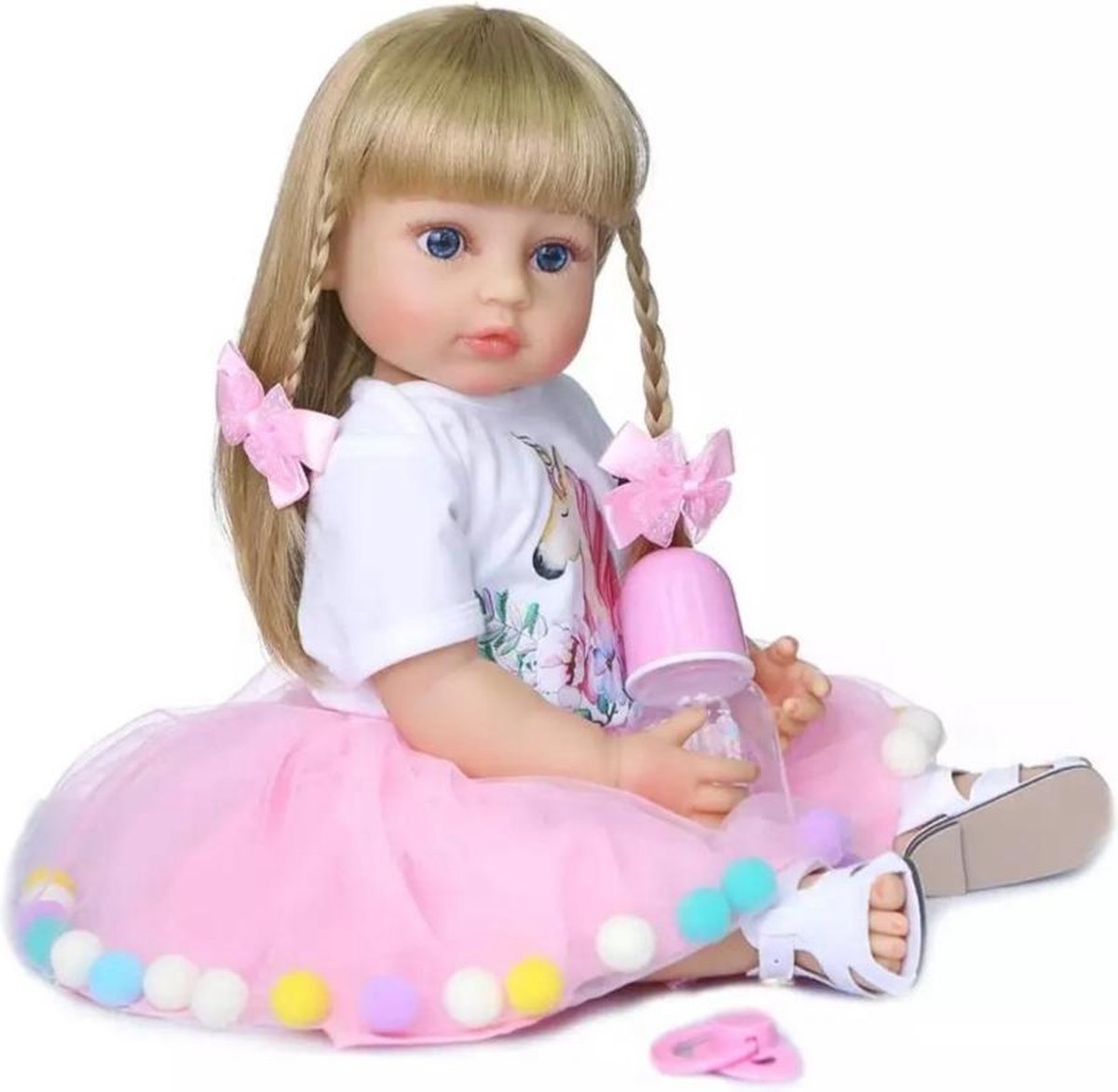 Reborn baby pop 'Eline' - 55 cm - Blond meisje met roze outfit en speen - Full body silicone - Levensechte babypop - Waterproof