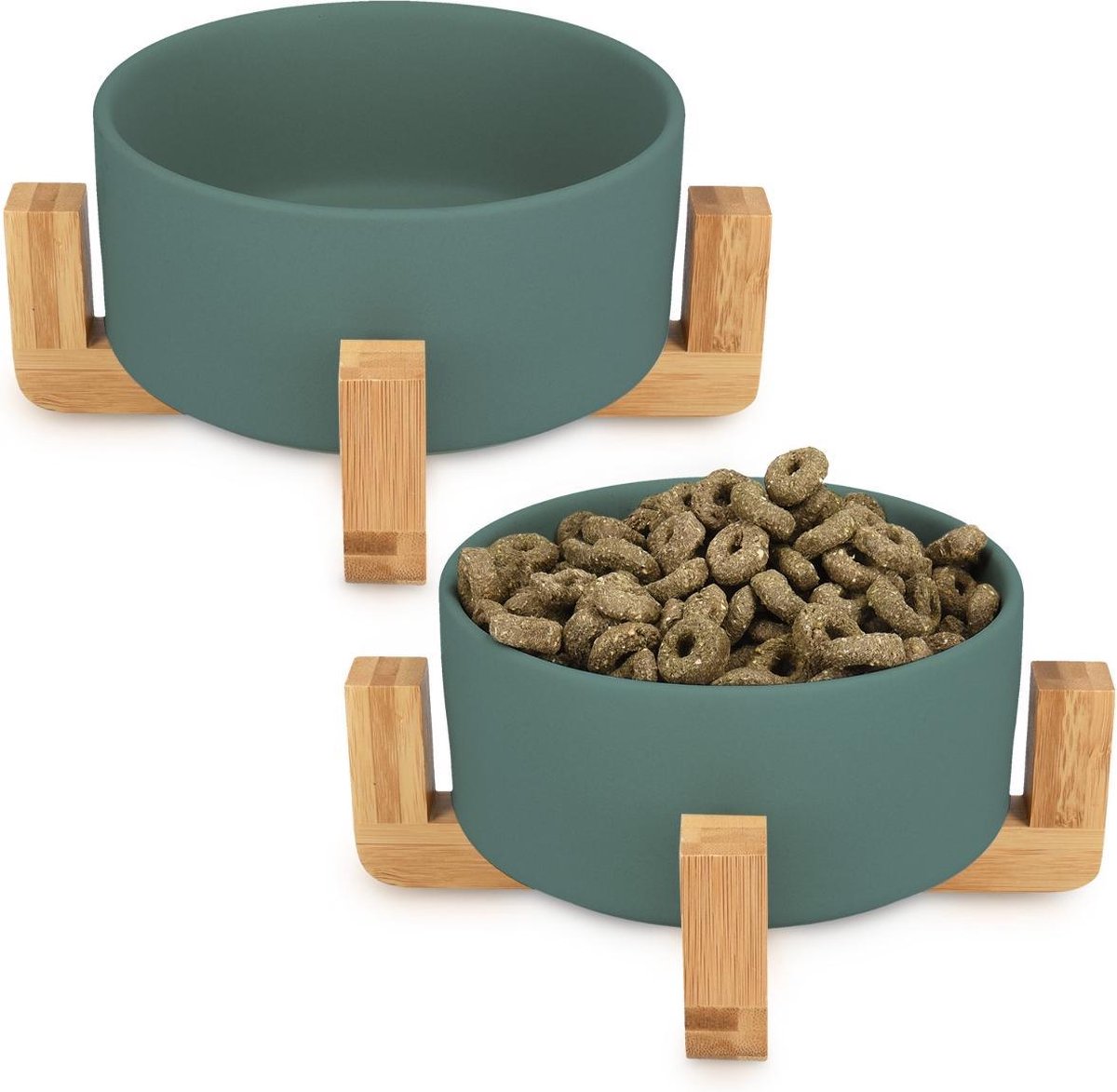 Keramische verhoogde voerbakken - Verhoogde dubbele voer- en drinkbakenset voor katten en kleine honden met houten standaards - Milieuvriendelijke voerbakken zonder morsen