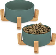 Keramische verhoogde voerbakken - Verhoogde dubbele voer- en drinkbakenset voor katten en kleine honden met houten standaards - Milieuvriendelijke voerbakken zonder morsen