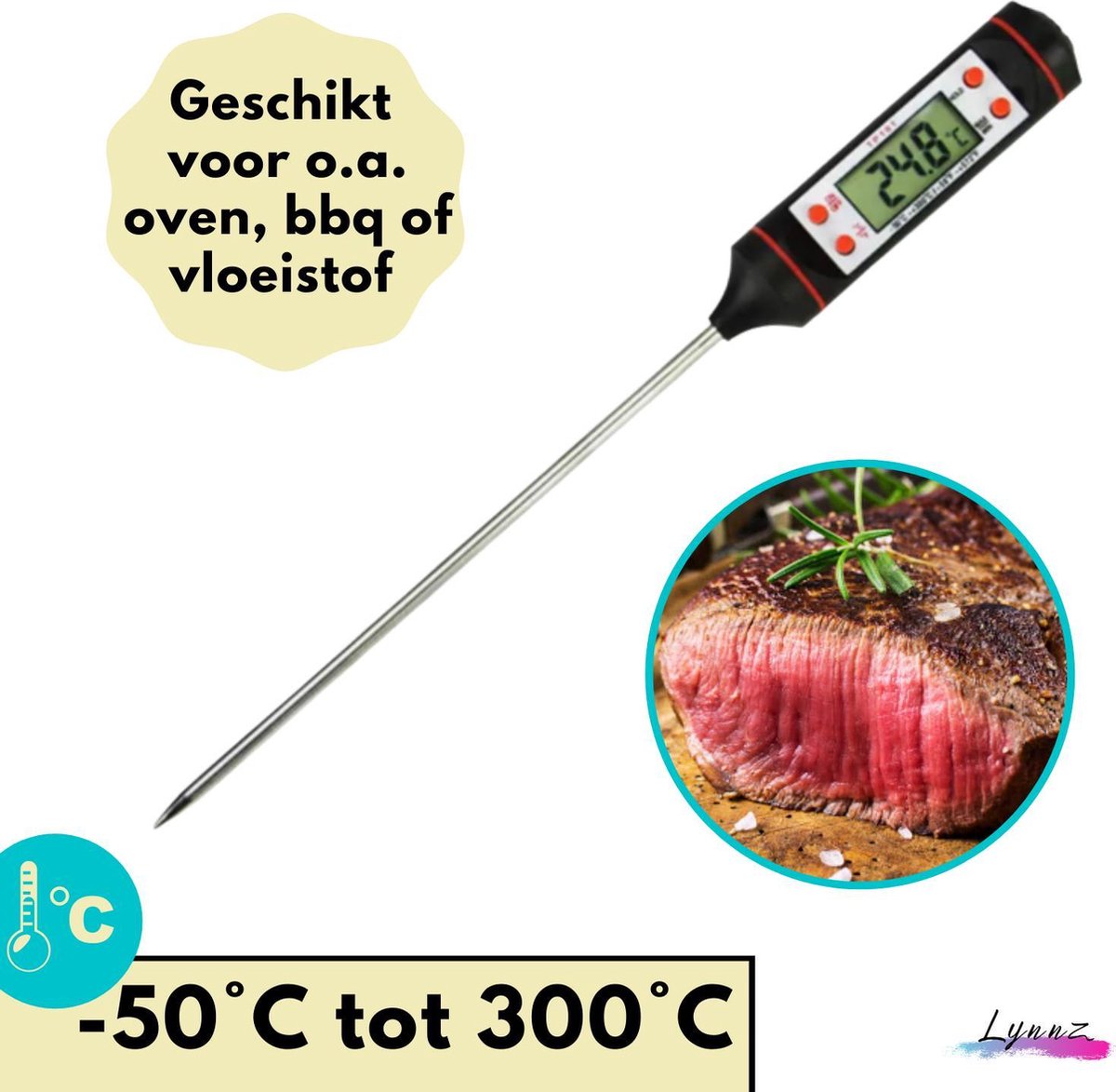 Lynnz® digitale vleesthermometer 300 graden - kernthermometer - bbq thermometer - suikerthermometer - vlees - oven - keuken - digitaal - draadloos