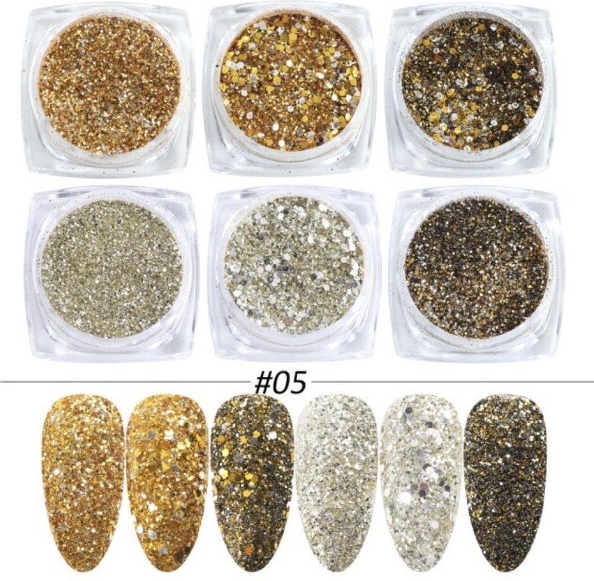 GUAPÀ - Nagel Glitter Poeder Nail Art Set Goud - 6 Stuks