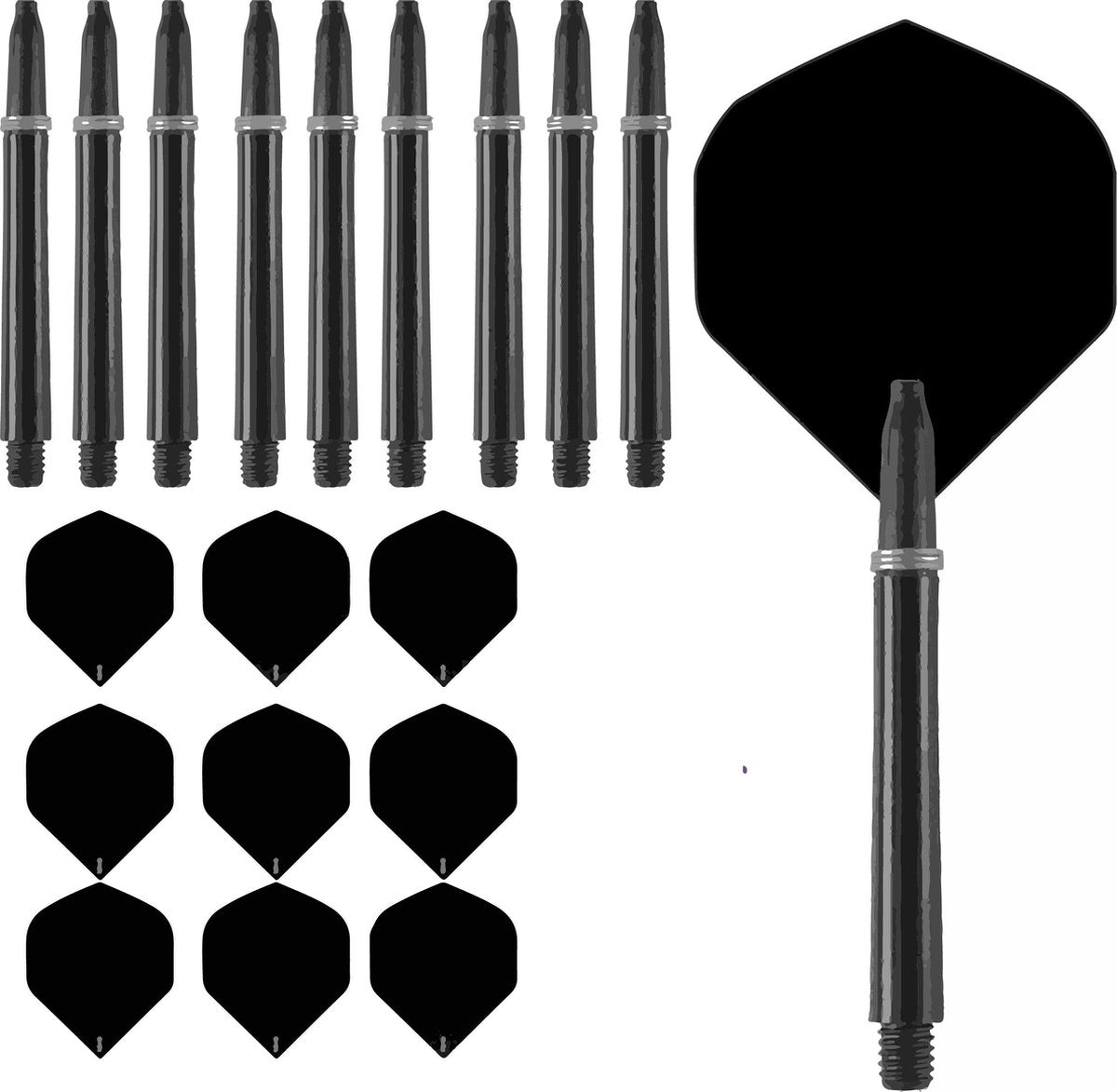 R4X flights zwart en shafts short zwart 3 sets