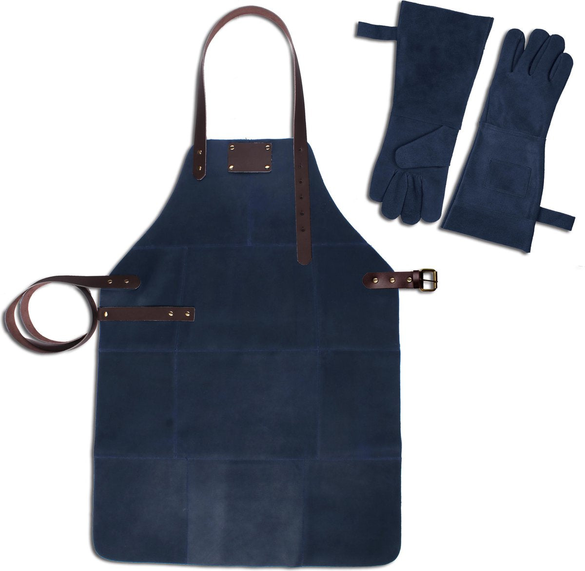Leren Schort + Leren Handschoenen - Lederen Schort – Blauw - Kokschort - BBQ Schort - Kookschort - Vaderdag - 81 cm x 56 cm Inclusief Handschoenen voor de Barbecue
