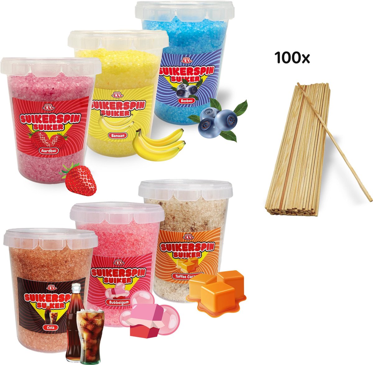 Suikerspin Suiker - Aardbei - Banaan - Bosbes - Cola - Bubbelgum - Caramel ± 100 suikerspin stokjes -  6 potten x 400 gram