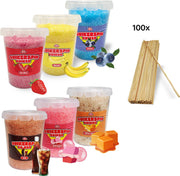 Suikerspin Suiker - Aardbei - Banaan - Bosbes - Cola - Bubbelgum - Caramel ± 100 suikerspin stokjes -  6 potten x 400 gram