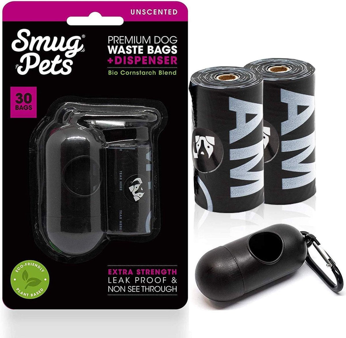 Rexa® biologische honden poep zakjes met dispenser 2 rollen á 30 zakjes | Lekvrije hondenzakjes niet doorschijnend | Ecologisch verantwoorde poepzakjes
