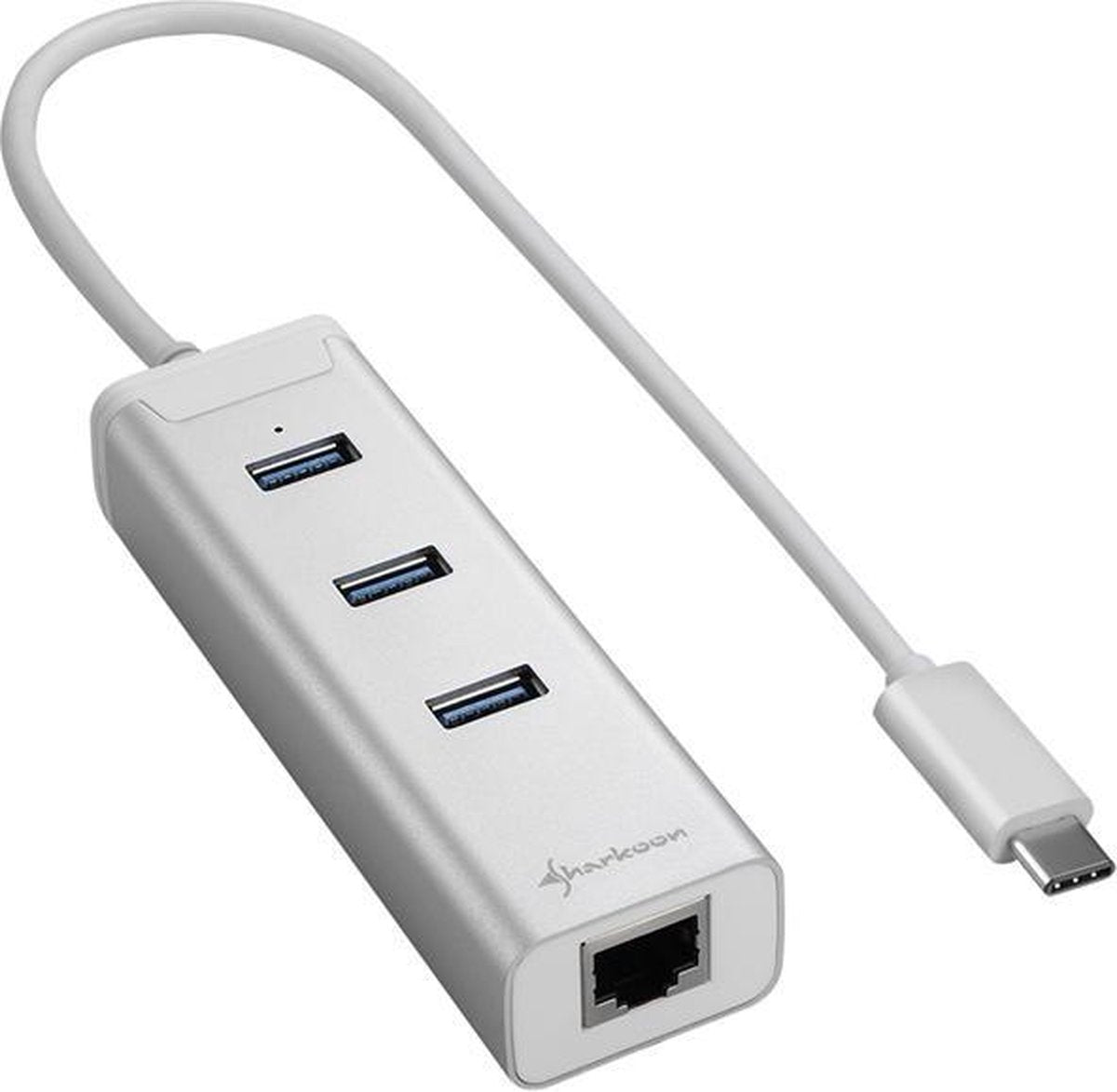 Sharkoon 3-Port USB 3.0 Aluminium Hub + RJ-45 Ethernet Adapter- USB 3.0 Type C - zilver