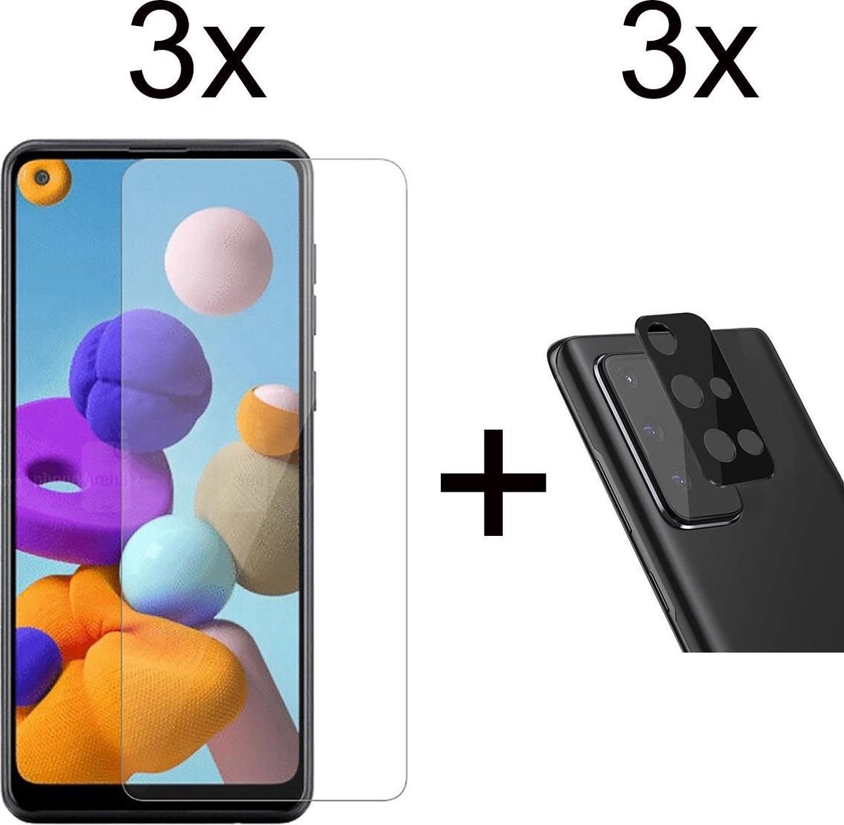 Beschermglas Samsung A21s screenprotector 3 stuks - Samsung Galaxy A21s screen protector camera lens - 3 stuks - Samsung Galaxy A21s screenprotector glas