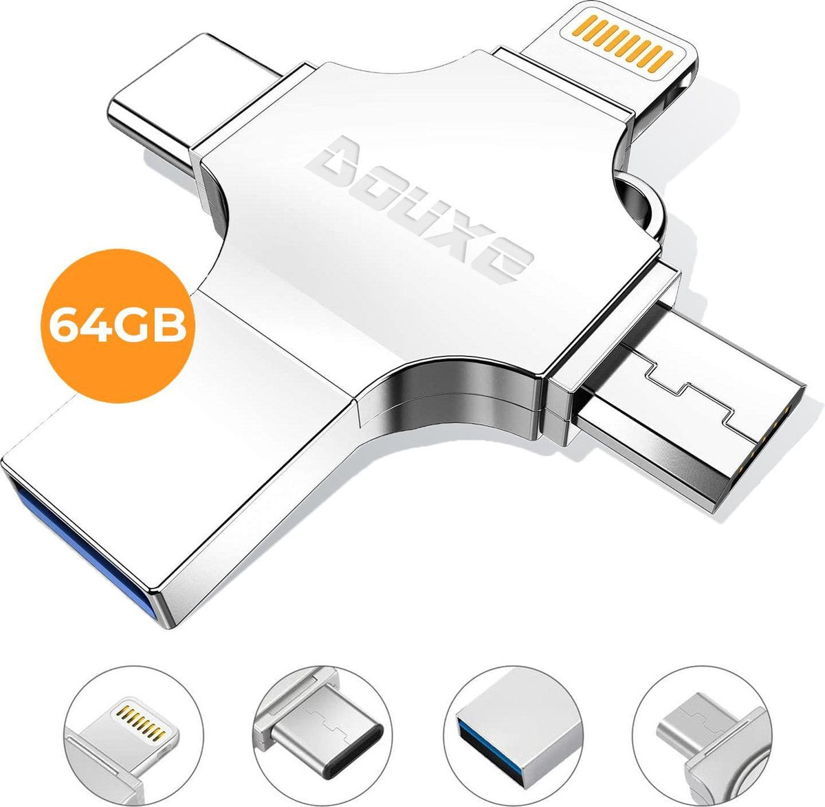USB Stick 64GB - Flashdrive voor iPhone / iOS / Android 64GB - Flash Drive 4 In 1 - Douxe T03