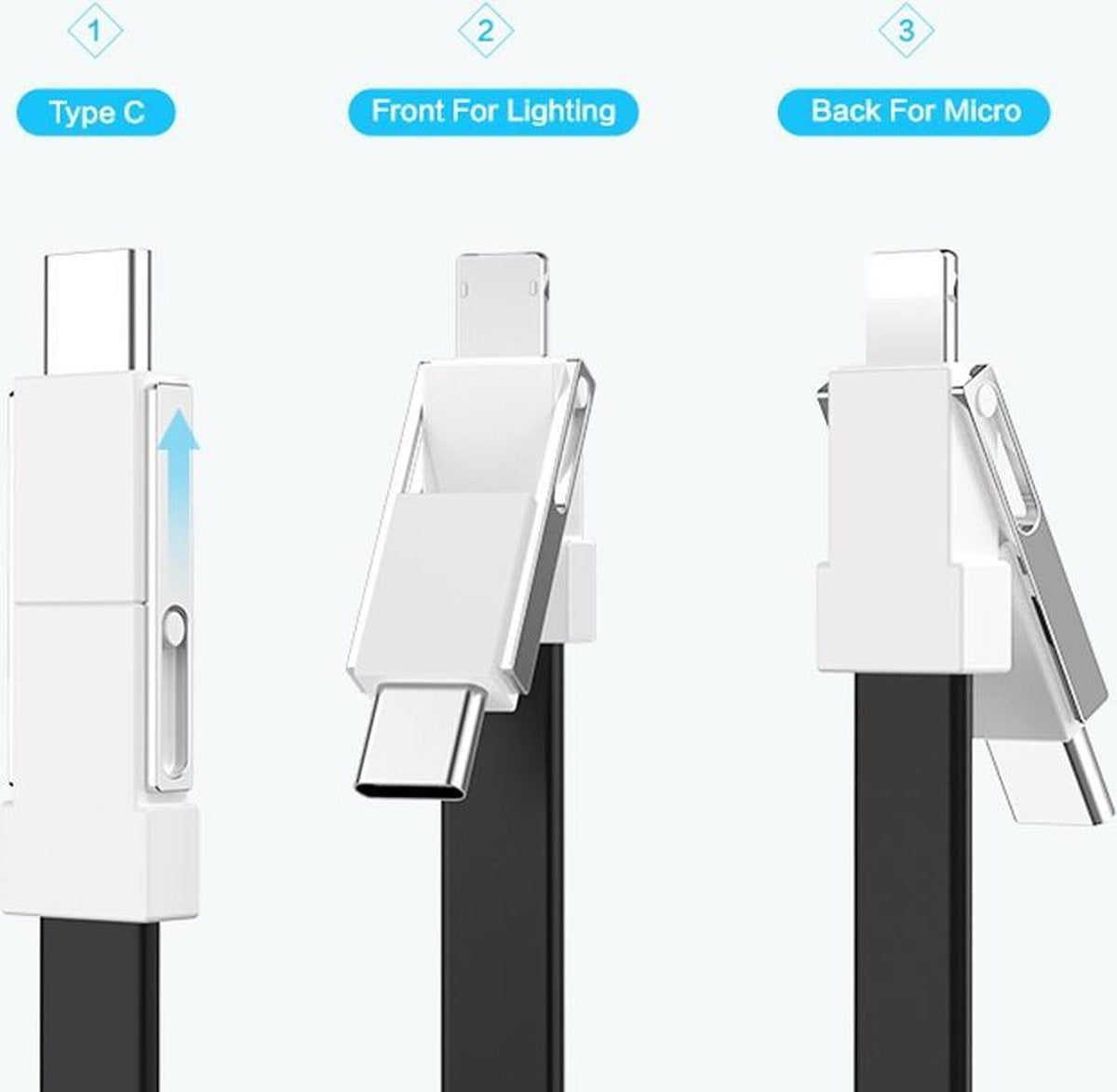 3 in1 Super handige multifunctionele oplaadkabel 8-pins Lightning + micro USB + USB-C - kleur Wit - Cadeau - Gratis geleverd