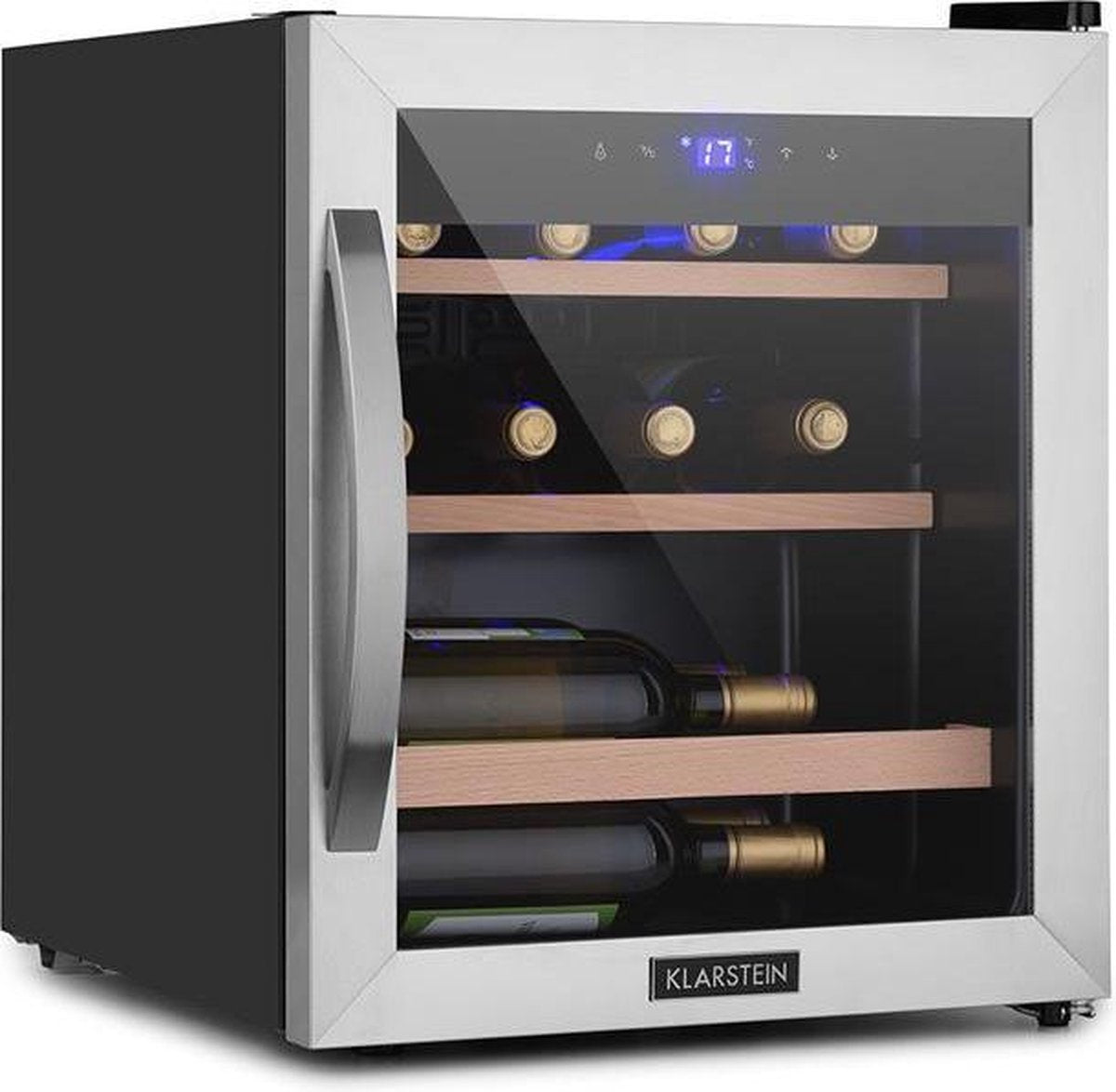 Klarstein Vinamour 12 Uno wijnkoelkast 12 flessen / 46 liter - Temperatuur: 4 tot 18°C - glazen deur met panoramevenster en roestvrijstalen frame